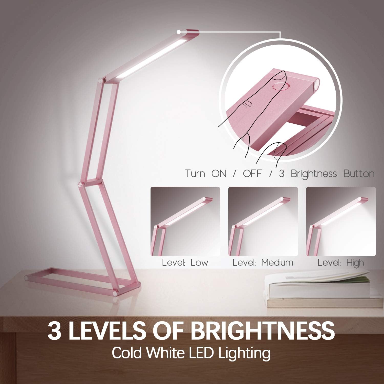 Foldable LED Desk Lamp, Dimmable Office Lamp with USB Charging Port, Portable Eye-caring Table lamp, 3 Brightness Levels, 360° Flexible Light Hangers, 5V Reading Lamps, Battery Powered - Rose Gold