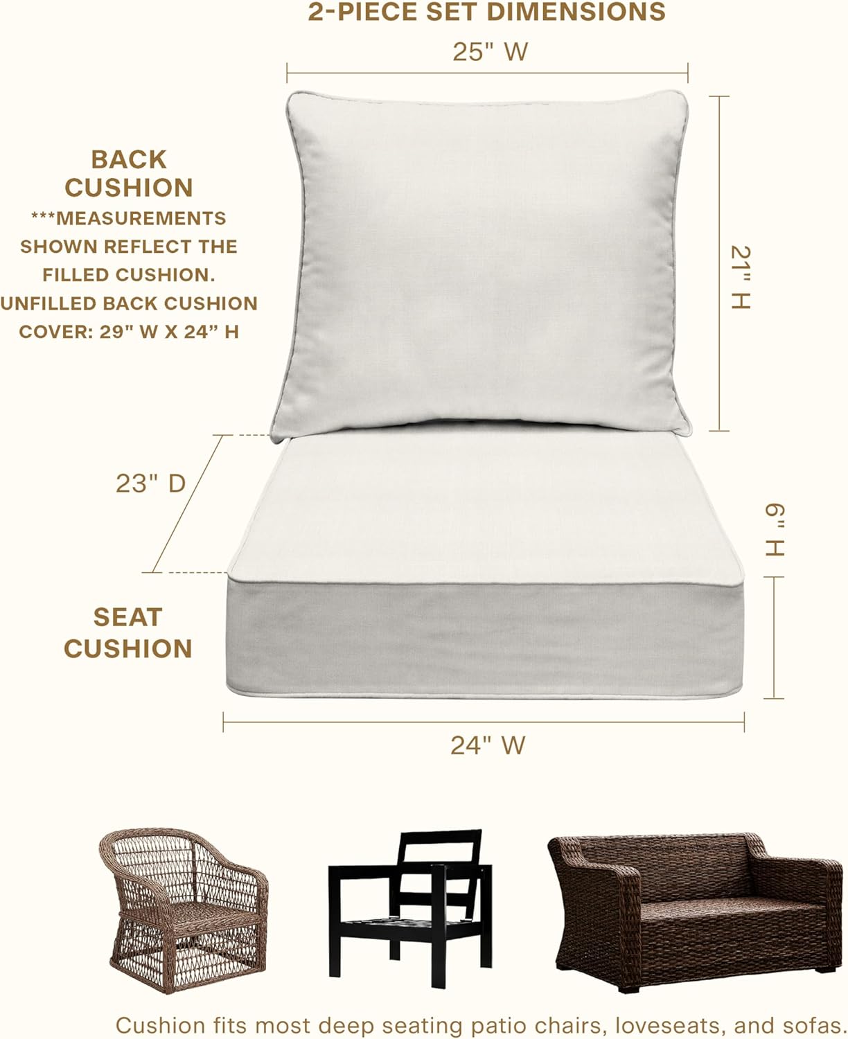 Honeycomb Outdoor Heritage Deep Seat, 24 x 23, Textured Solid Bone Chair Cushion with Removable Cover, for Patio Furniture