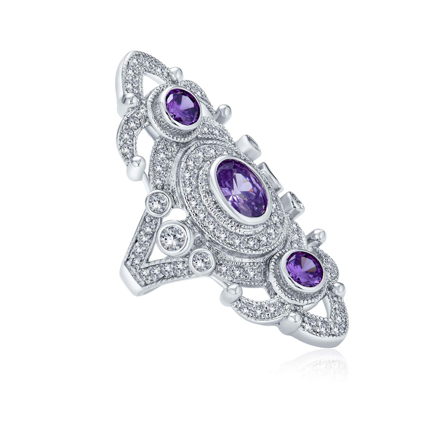 Anello dichiarazione di moda in stile Art Deco Antico Boho Vintage Nero Bianco Blu Verde Filigrana Pavé CZ Cuore Largo Lungo Dito Intero Zirconia Cubica per Donne in Ottone Placcato Rodio Argento