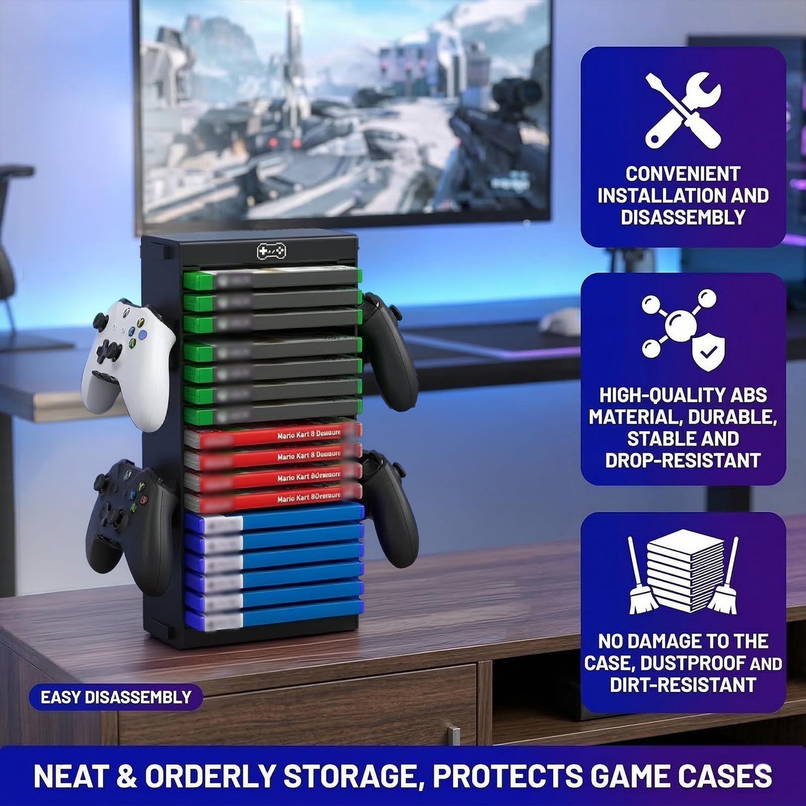 SOONHUA Torre de almacenamiento de videojuegos con 4 soportes para mando de PS4, PS5, Switch, Xbox y discos de juegos