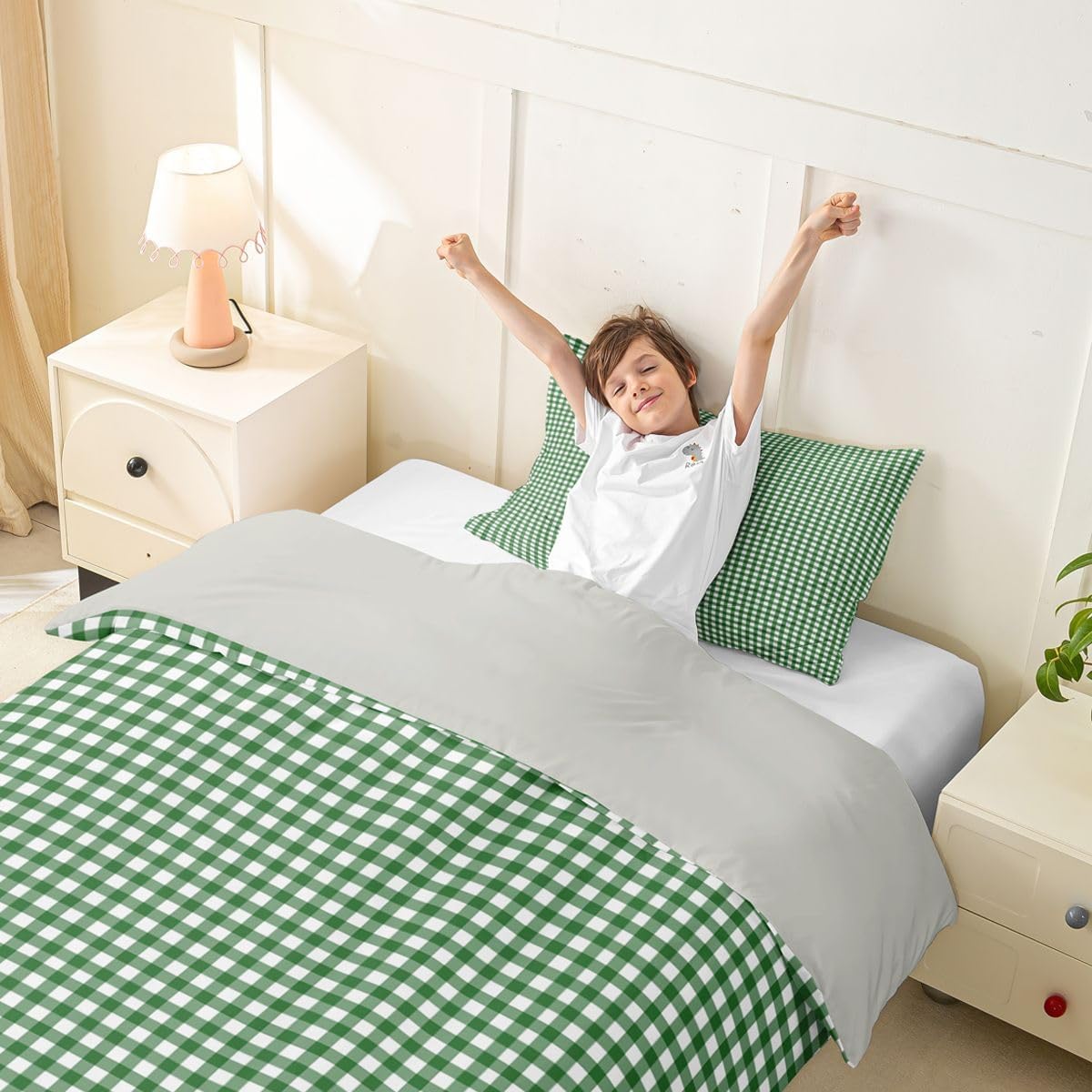 Feelyou Green White Plaid Duvet Cover Toddler Size Farmhouse Grid Bedding Set Breathable Soft Geometric Comforter Cover 2Pcs Bedroom Decor