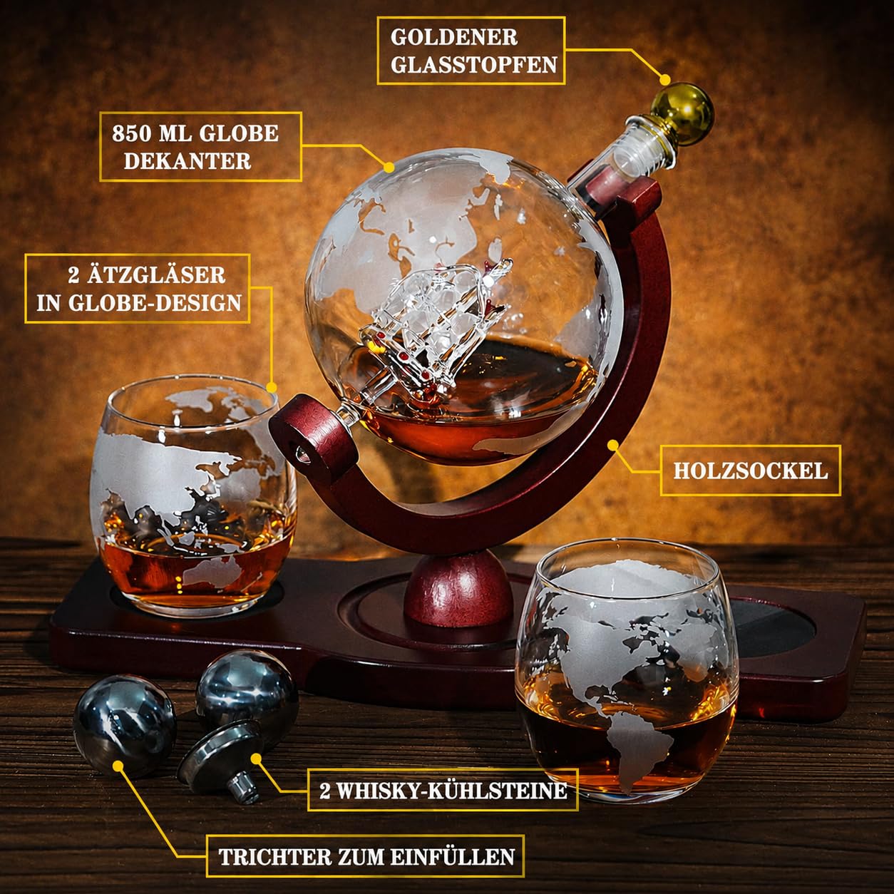 PONPUR Whisky Karaffe Set - Whiskey Geschenkset - Globus Dekanter 850ML, Geschenkbox, 2 Gläser, 2 Whisky Steine, Geschenke für Männer, Männergeschenke, Geburtstagsgeschenk Mann