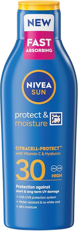 NIVEA SUN Protect & Moisture Sun Lotion SPF 30 (200 ml), Suncream with Vitamin C and Hyaluron, Provides 48H Moisture & Immediate UVA & UVB Protection, Fast-Absorbing No White Cast Formula