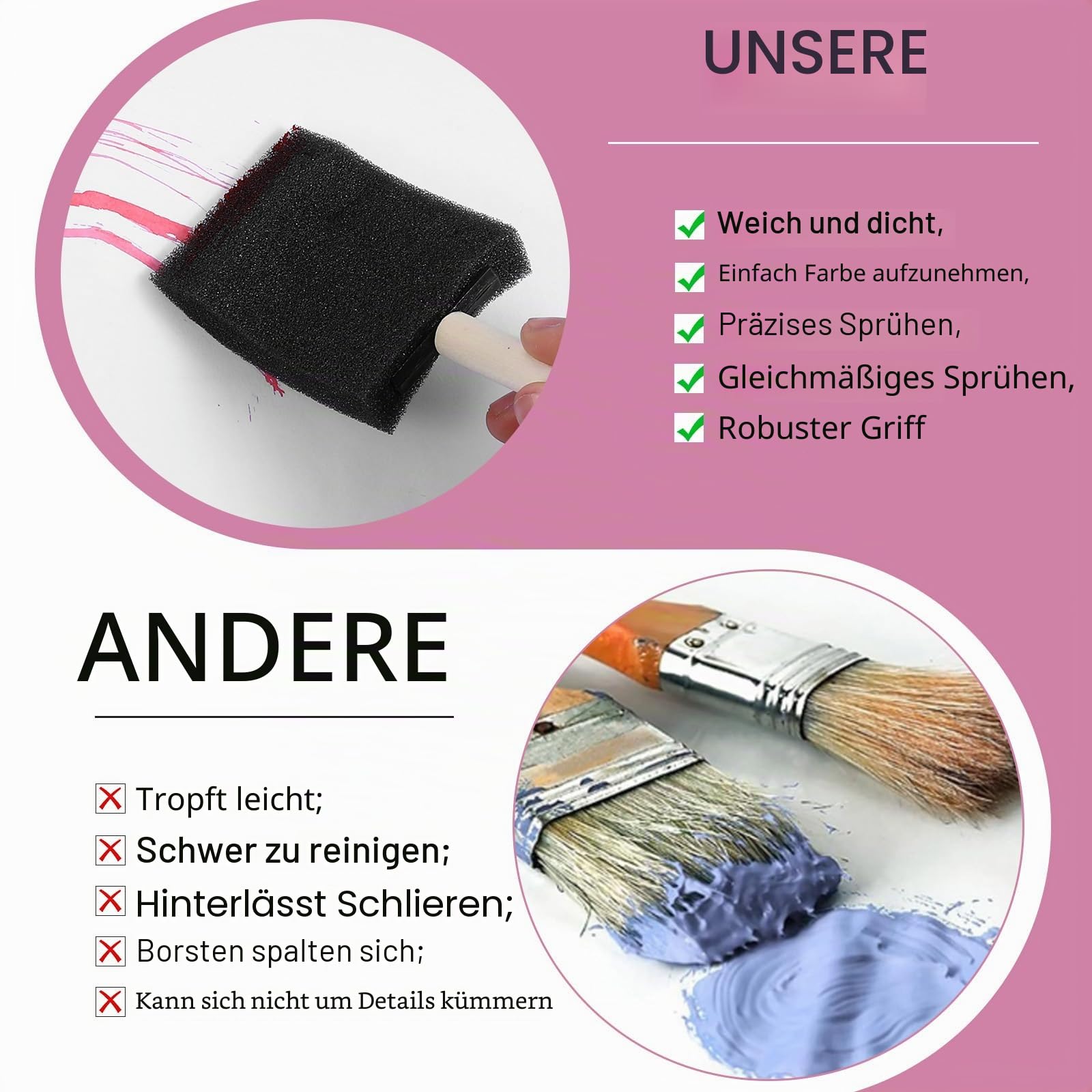 5 Stück Schaumstoff Pinsel, Schwammpinsel Schaumstoffpinsel Set 3 Zoll Waschbare, Hartholz Griffe Schaum Pinsel Malerei für Malerei, Zeichnen, Finishing Handwerk Färbung
