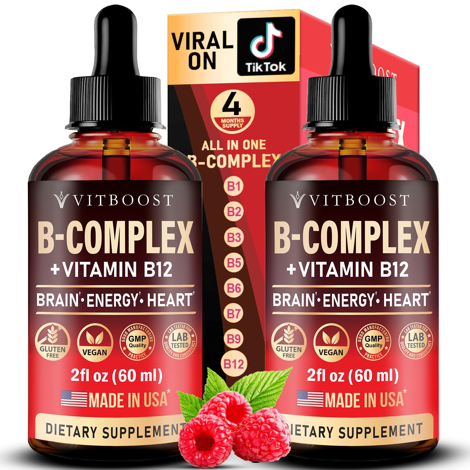Vegan Vitamin B12 with B Complex 20000 mcg- Extra Strength for Men and Women- Raspberry Liquid Drops| USA Made, B1, B2, B3, B5,B6, Biotin, Folic Acid & B12 Sublingual Methylcobalamin | 4 Months Supply