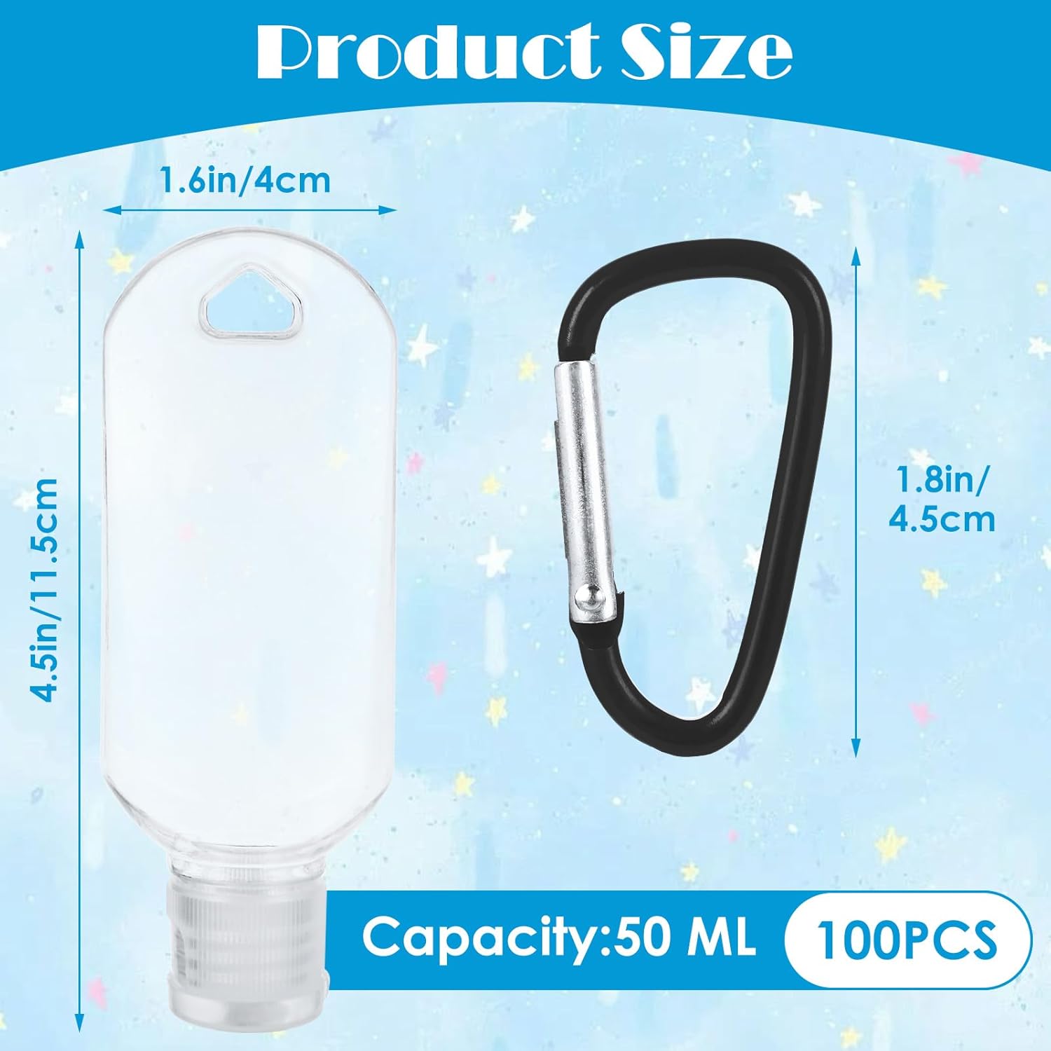 100 Pack 50ml Empty Hand Sanitizer Bottles with Keychain Black Carabiners Travel Size Hand Sanitizer Holder PETG Refillable Travel Bottles Set for Backpacks School and Office