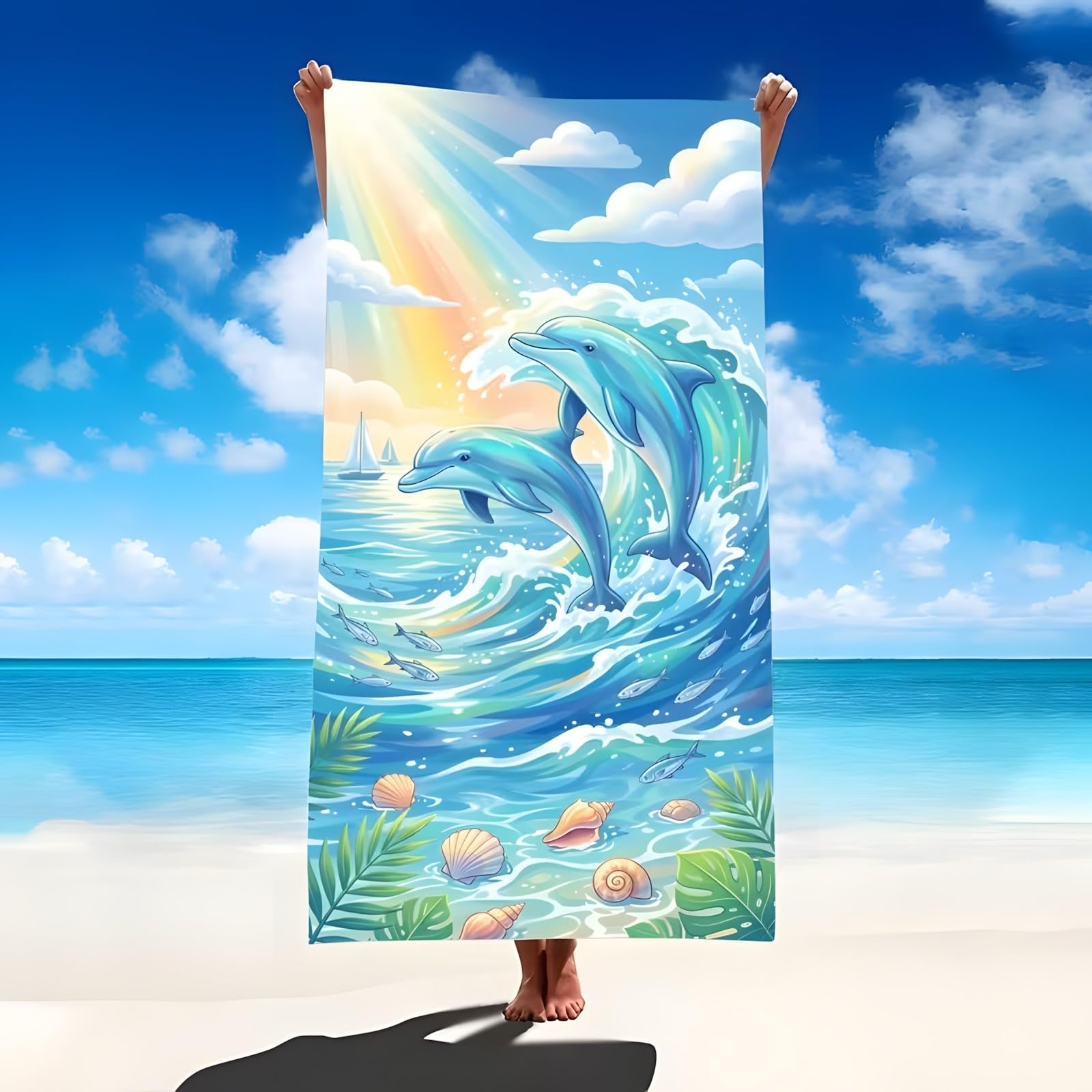 YZQGLHP Dolphin Microfibre Beach Towel Waves Beach Bath Towel Quick Drying, Lightweight, Sand-Free, Durable, for Pool, Gym, Camping, Travel Towel 90x200cm