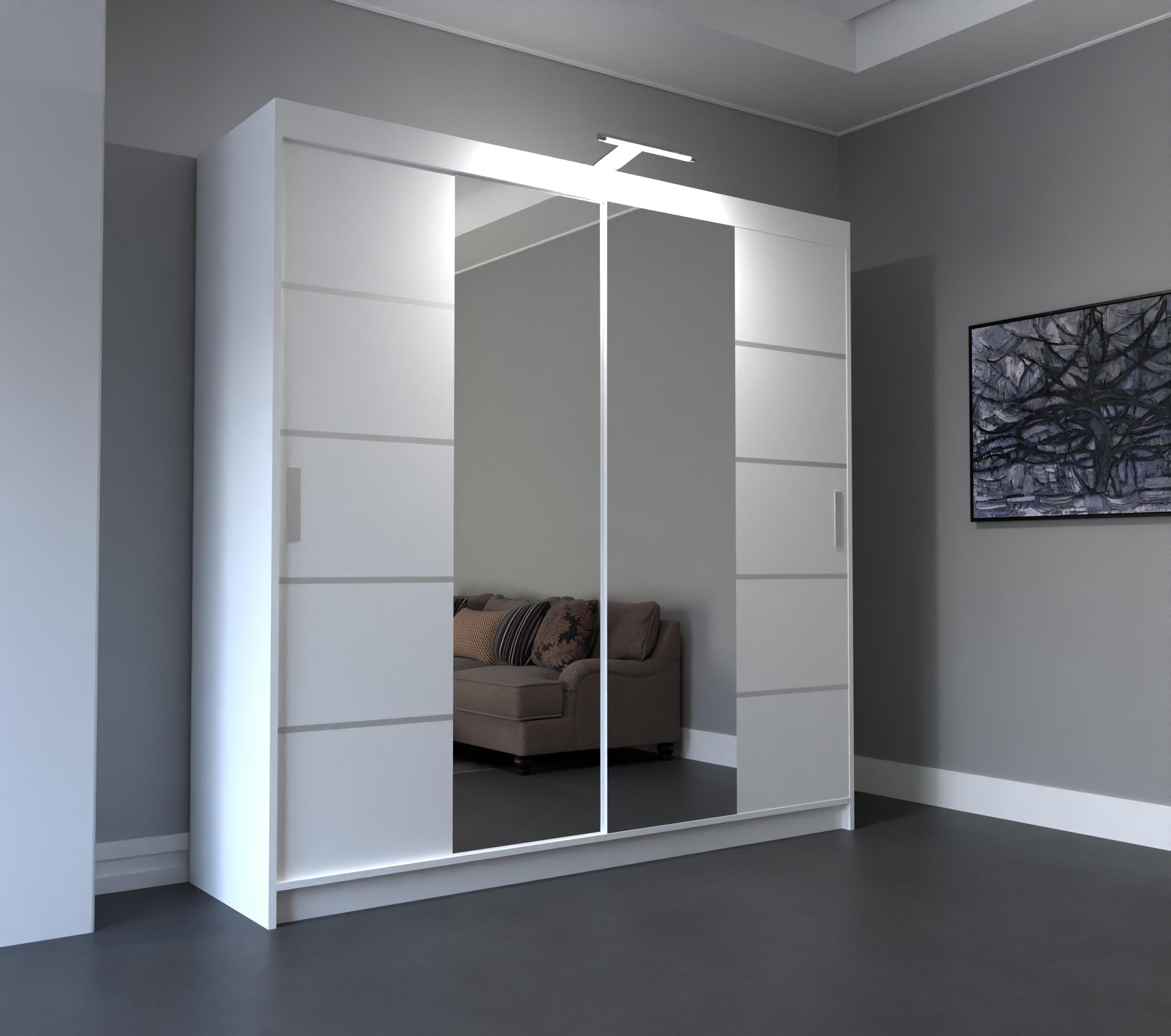 RAC3 Race to Road Modern Bedroom Sliding Wardrobe with LED Light - Ample Storage Space and Sleek Design comes in White/Grey/Black/Oak and Width 150cm/180cm/203cm/250cm (White, 250cm)