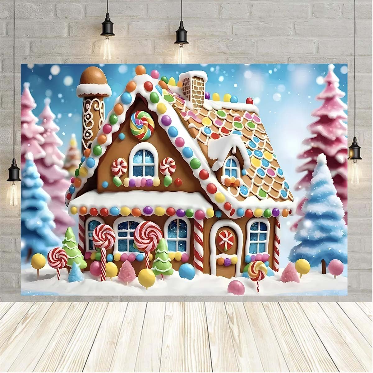 Toile de fond pour photographie de Noël en forme de maison en pain d'épices à paillettes pour échange de biscuits Candyland Hiver Flocon de Neige Toile de fond sucre d'orge Sucette Arbre Bannière