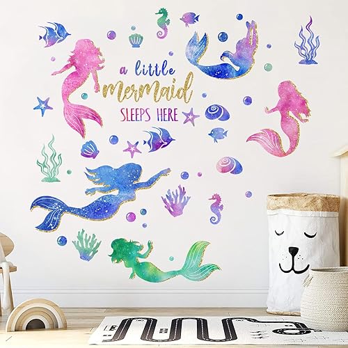 Miniatura 5 de Yovkky Calcomanías de pared de sirena para bebés y niñas, bajo el mar, criaturas oceánicas, peces costeros, burbujas, brillantina, decoración