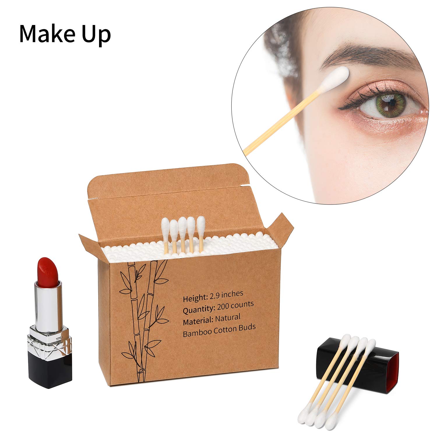 1000 Count Bamboo Cotton Swabs, Eco-Friendly Round Double-headed Cotton Buds Wooden Sticks for Makeup/Ear Cleaning, White, 3 inches