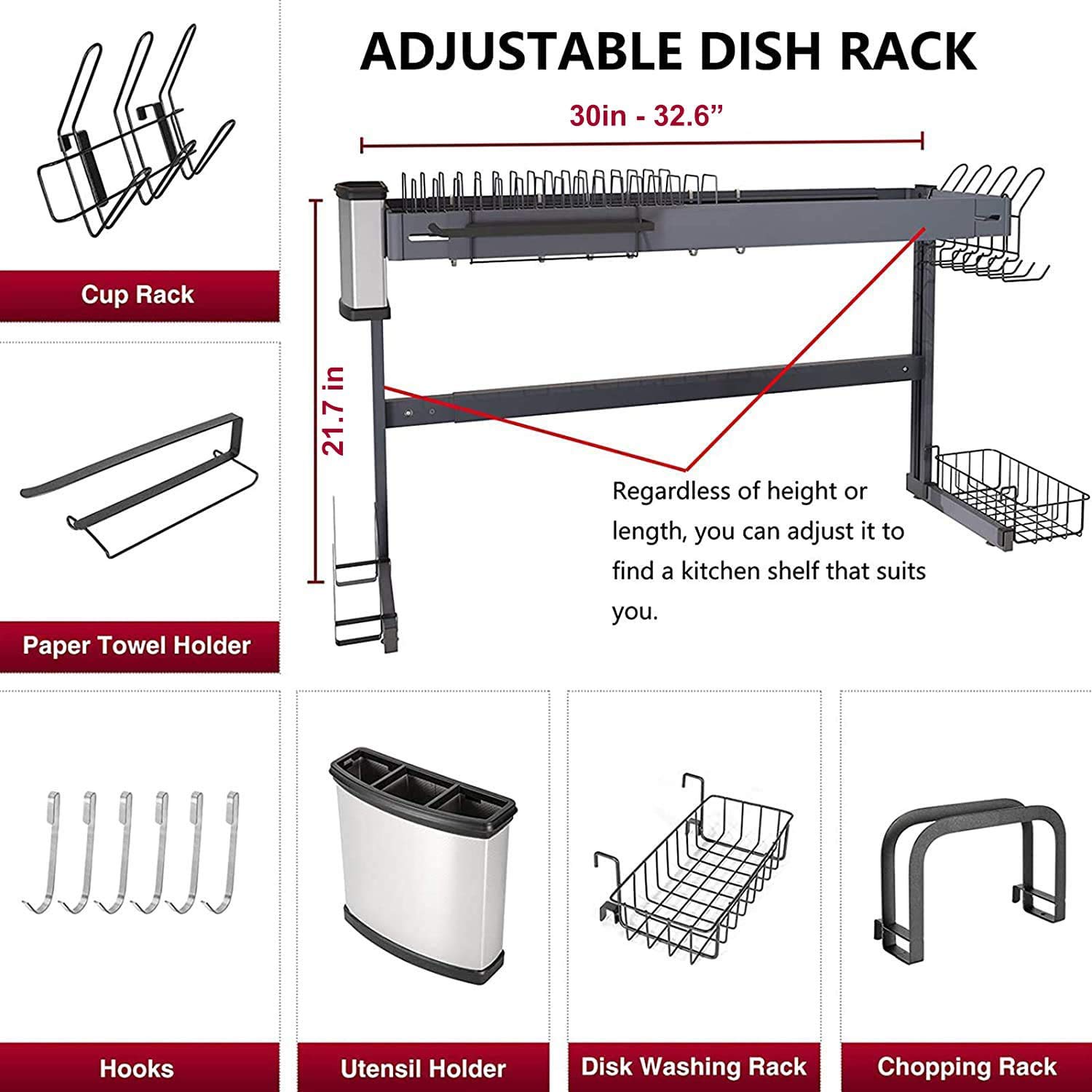 Over Sink Dish Drying Rack, Boosiny 2Tier Adjustable Height and Length