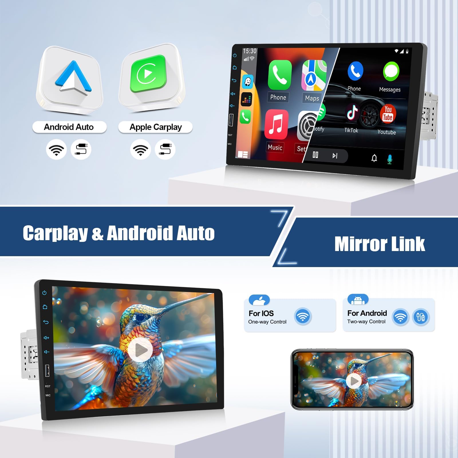 CAMECHO Wireless Carplay 1 DIN Autoradio con Car play Wireless Android Auto, Stereo auto con Schermo da 9 Pollici, Vivavoce Bluetooth, FM Radio, EQ, Mirror Link, Supporta USB+SWC