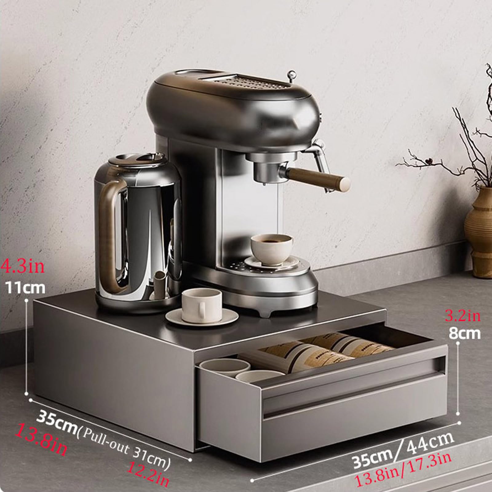 Supporto per microonde in acciaio al carbonio con cassetti estraibili, organizer da banco per microonde compatti, caffetterie ed elettrodomestici da cucina, grigio (44 cm)