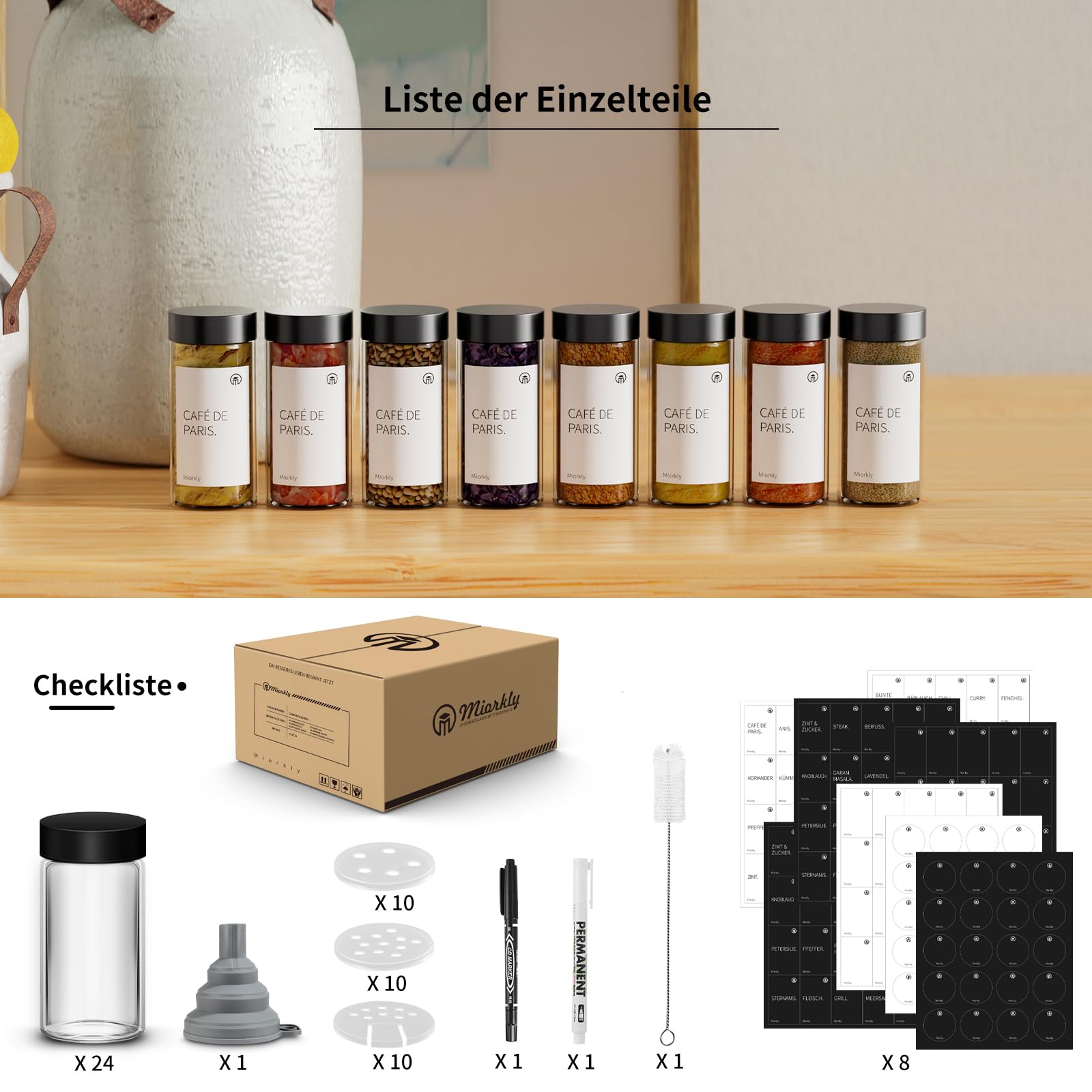 Miorkly Lot de 24 pots à épices carrés avec saupoudreur, couvercle en acier inoxydable noir, 120 ml, pots à épices en verre avec saupoudrer, entonnoir, étiquettes et stylo à craie, organisateur de