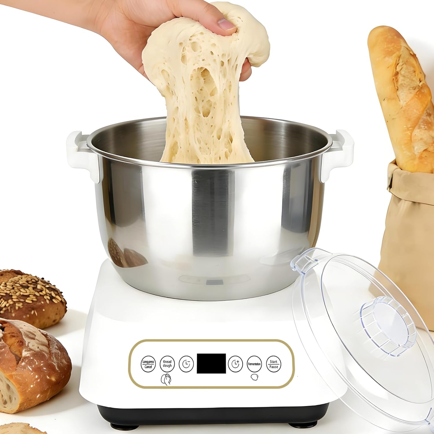 Electric Dough Maker with Ferment Function, 304 Stainless Steel Bowl, 7L Large Capacity White Dough Mixer, for Bread, Pizza, Dumplings, Noodles, Low Noise