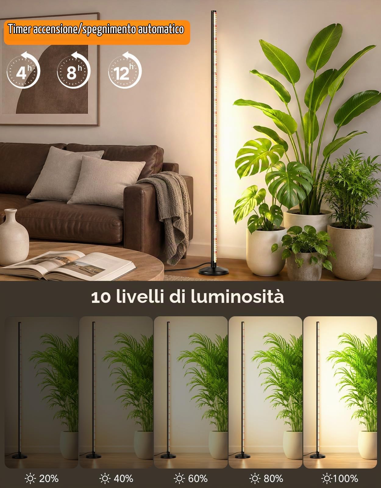 OUTON Lampada per piante da interno a spettro completo, 48 W, 195 cm | 210 LED, 6000 K, CRI 96, spettro completo, 10 livelli, timer 4/8/12 h, telecomando, base tonda, altezza fino a 195 cm