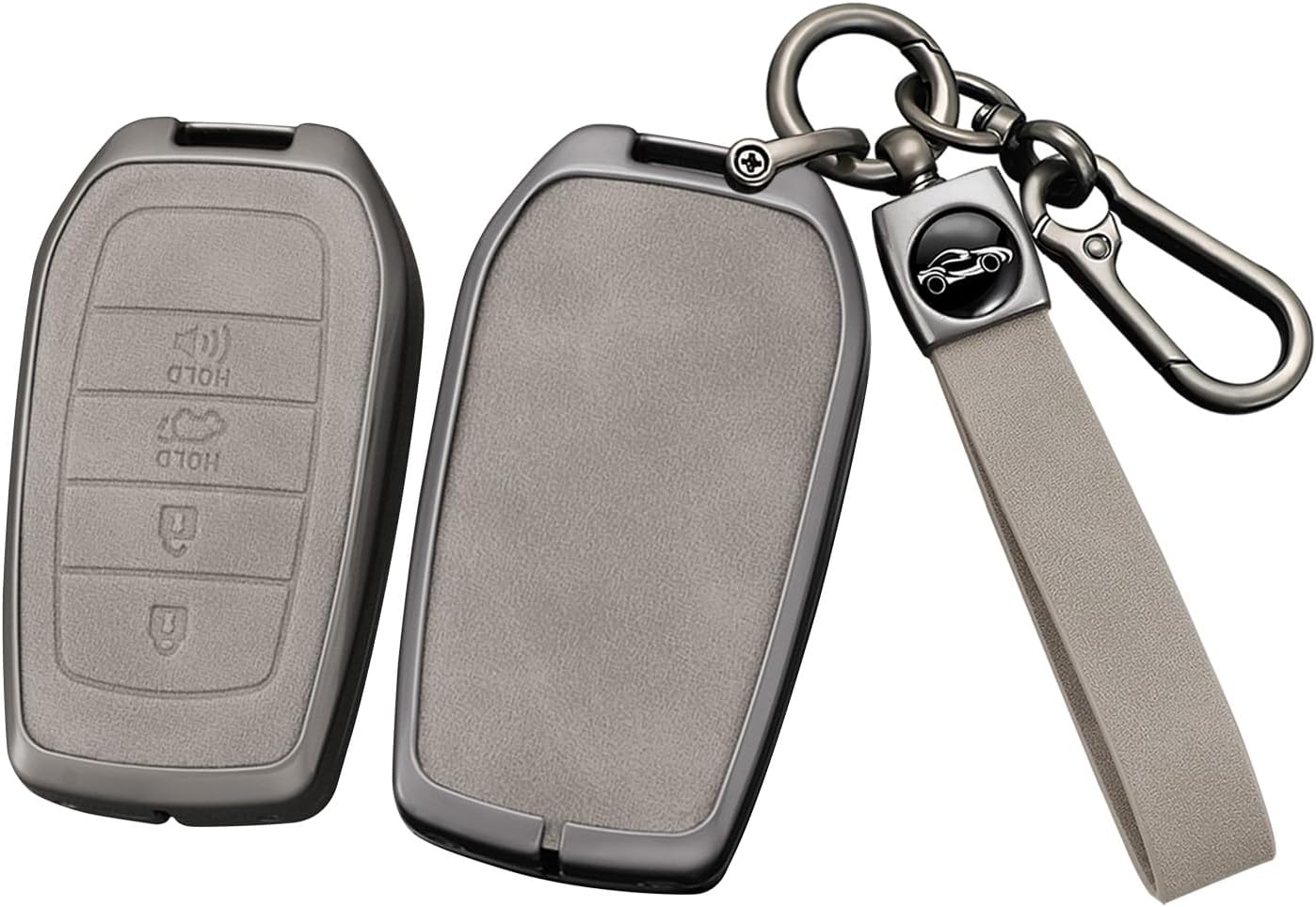 SANRILY Metal Leather 4 Button Key Fob Cover Fit for Toyota Corolla Cross LE 2024 Highlander Crown 2023 Land Cruiser Venza RAV4 Tundra Leather Key Shell Keyless with Keychain Gray