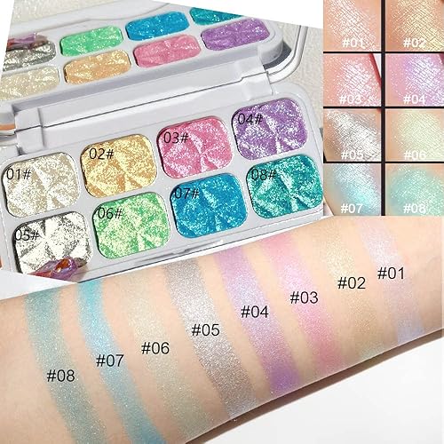 Miniatura 4 de Paleta de maquillaje con 8 colores para la cara y mejillas, paleta de sombra de ojos holográfica multicolor iridiscente iridiscente, paleta de