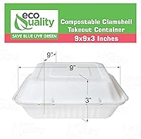 Vista 3 de Contenedor de comida cuadrado compostable con bisagras para llevar, 9 x 9 x 3 pulgadas, contenedores desechables de calidad resistente, con un solo