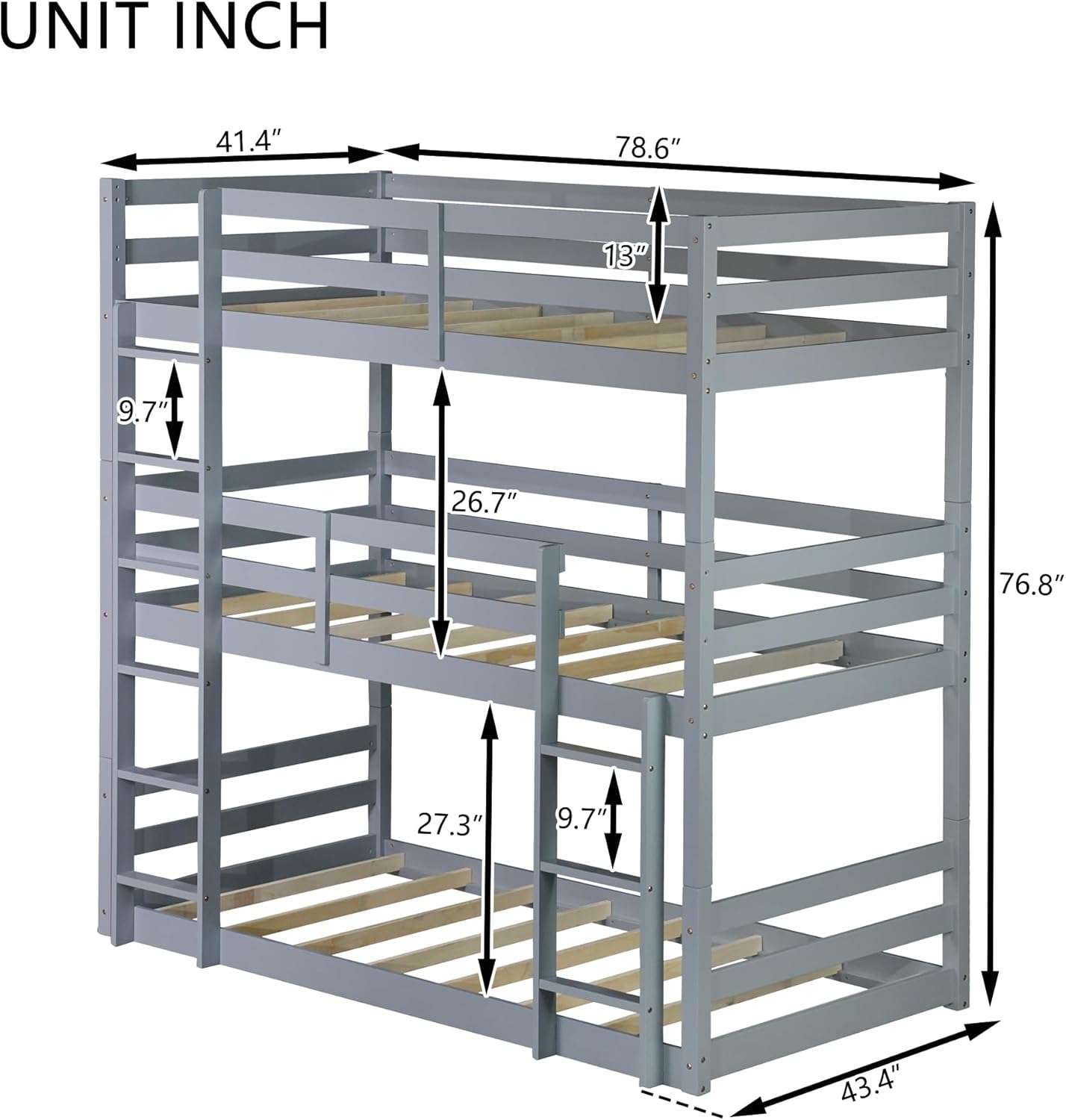 Twin Over Twin Over Twin Triple Bunk Bed for Kids,3 Bed Bunk Beds for 3,Solid Wood Twin Size Triple Bunk Bed with Two Built-in Ladders,Detachable Triple Bunk Beds,Grey