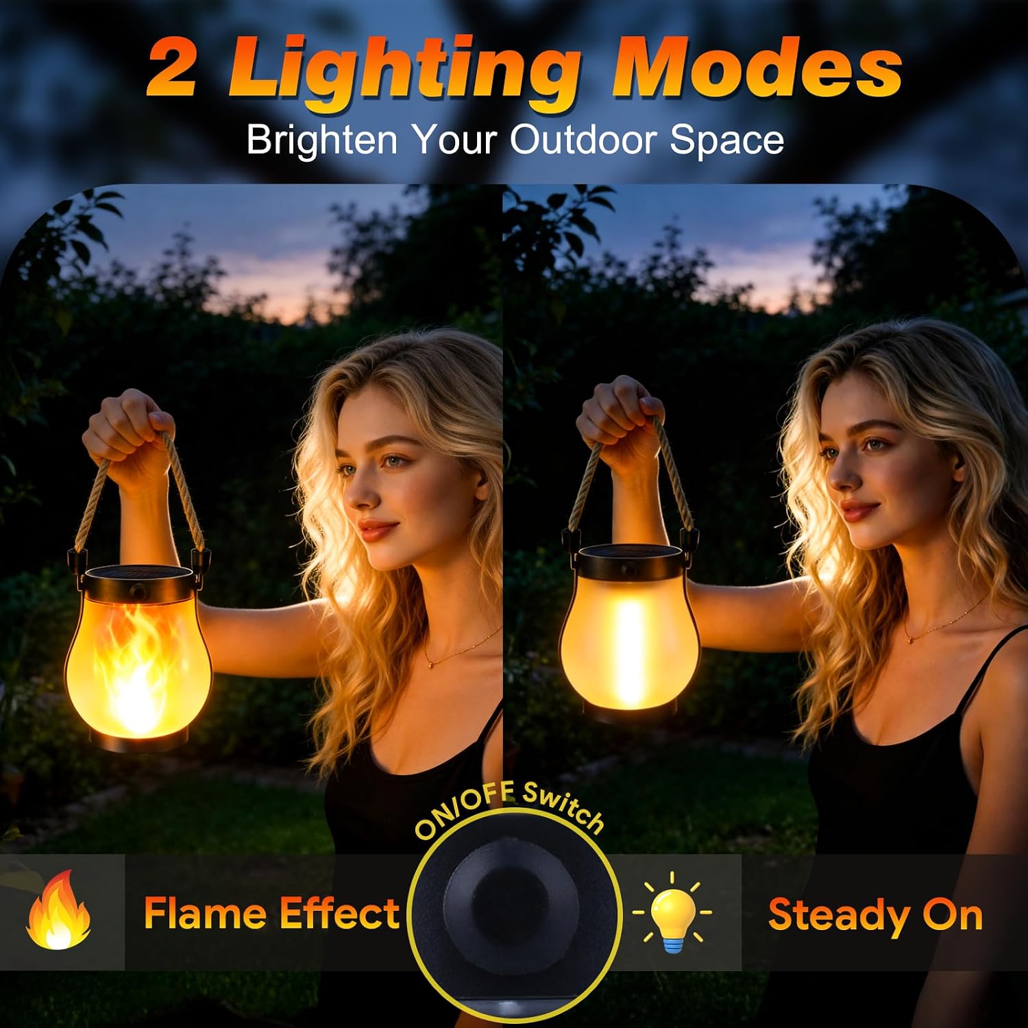 Solar Lanterns Outdoor Waterproof, Flickering Flame Solar Lights with Dual Charging USB & Solar, Hanging Decorative Lanterns for Garden Patio Yard Porch Table Decor, 2 Pack