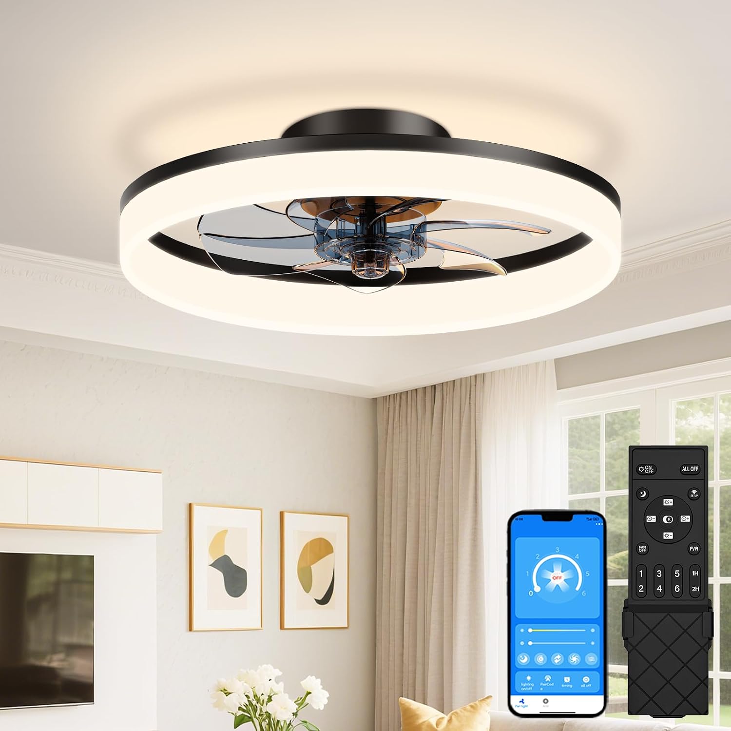 VOLISUN Low Profile Ceiling Fans with Lights and Remote, 20in Fandelier Ceiling Fan Flush Mount, 3000K-6500K Smart Bladeless LED Fan Light, White Modern Ceiling Fans with Lights for Bedroom