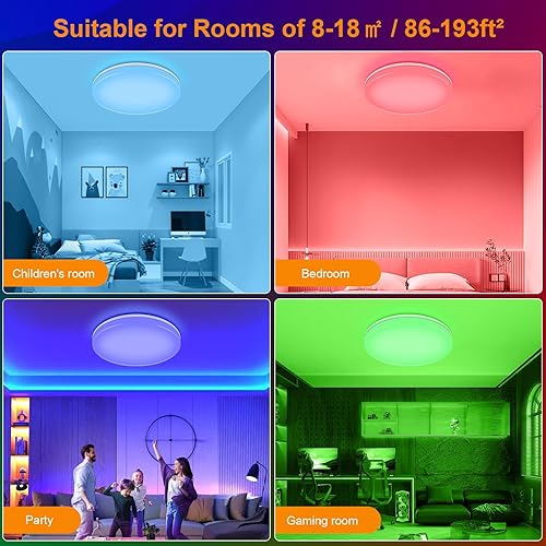Miniatura 5 de Lámpara de techo LED inteligente de montaje empotrado regulable RGB, 11 pulgadas, 18 W, 1800 lm, 2.4 GHz, WiFi RGB, lámpara de techo IP54 WLAN