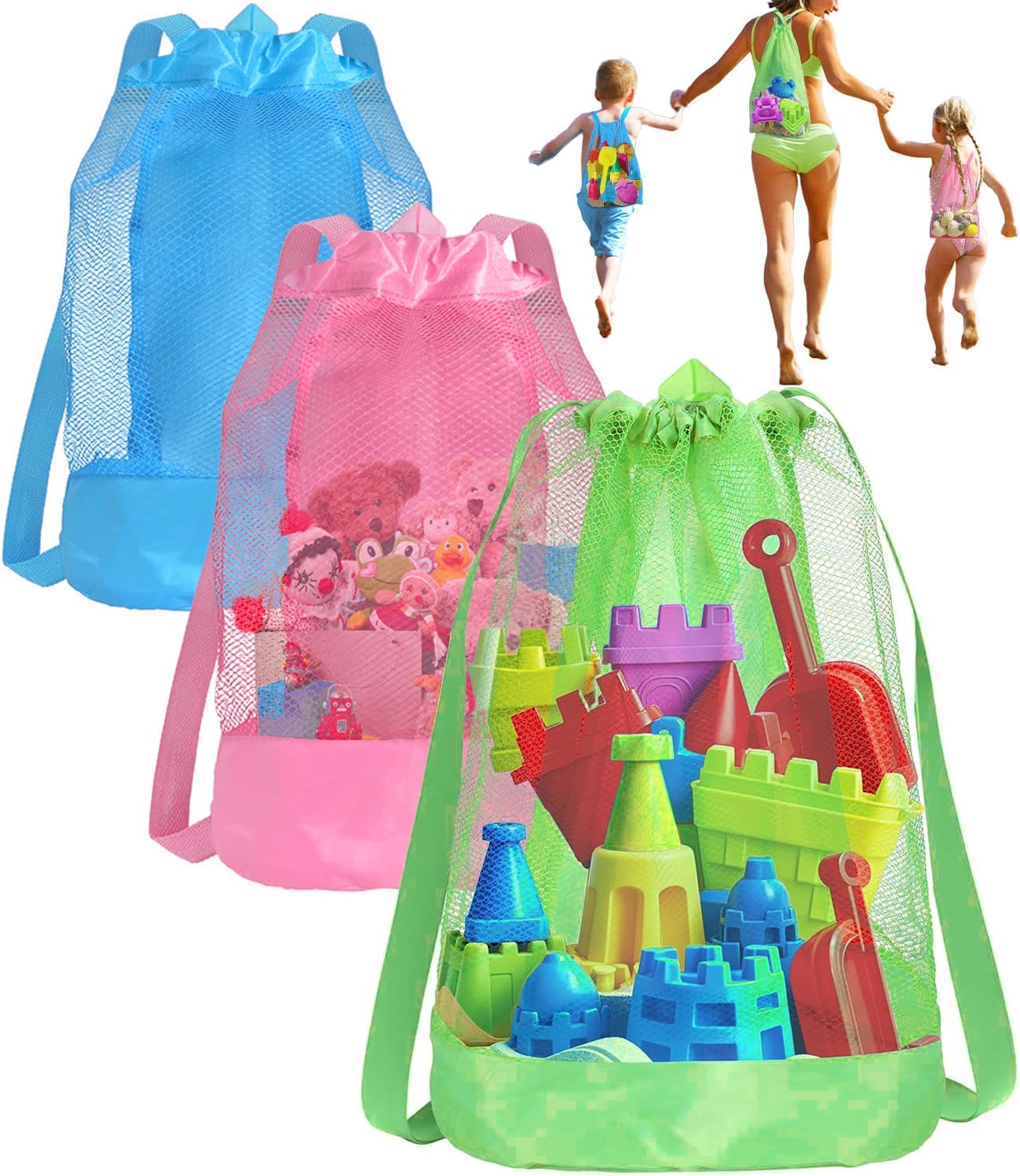 Beach Toy Bag, 3pcs Mesh Sand Toys Backpack for Sandbox Buckets