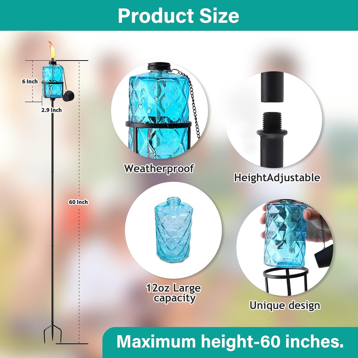 4 Pack Blue Glass Garden Torch,60-Inch Outdoor Torch Garden Décor, Upgraded 12 oz Citronella Torches with 3-Prong Grounded Stake,Metal Light Torches for Party Patio Pathway