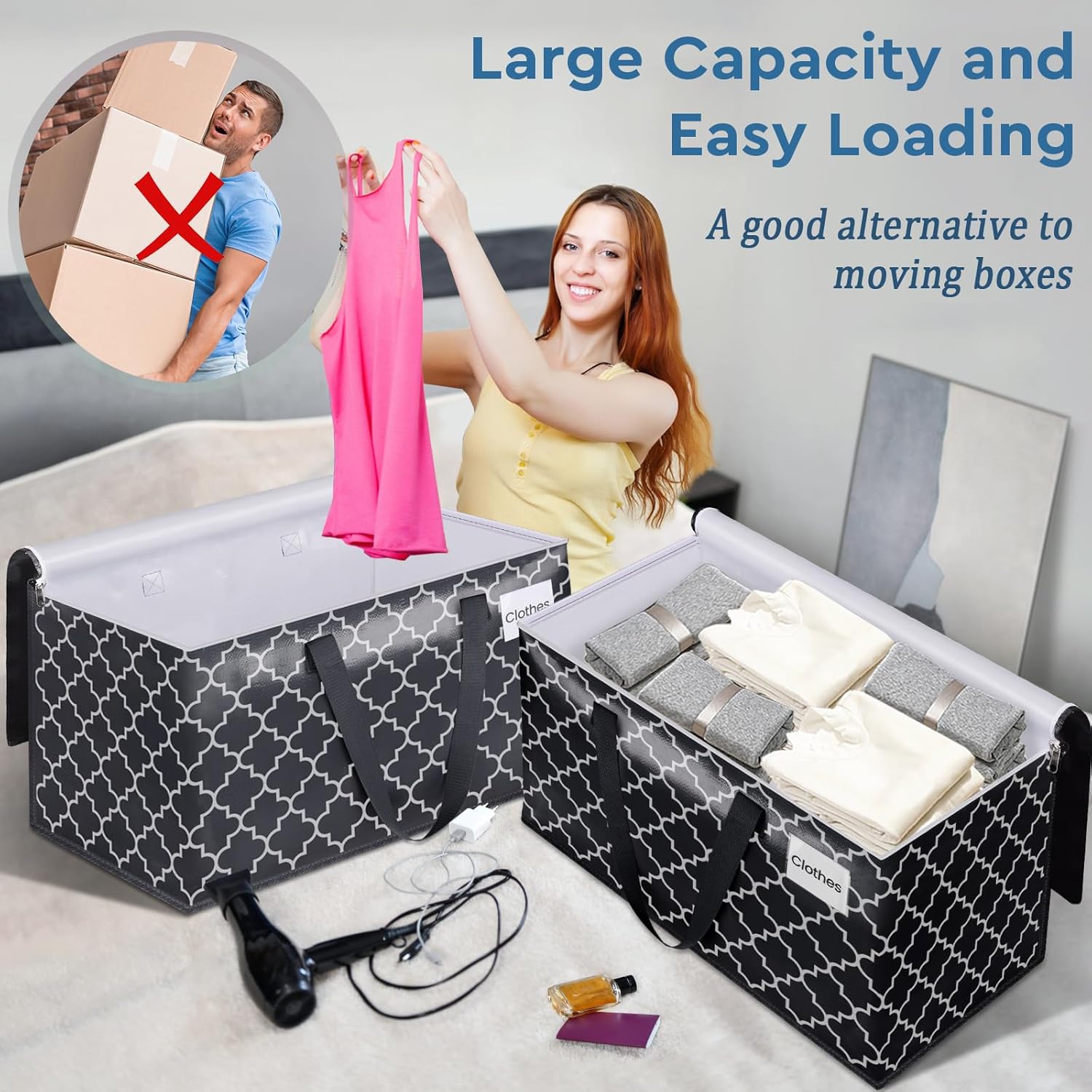 Extra Large Moving Bags, Heavy-Duty Storage Totes with Zipper Top and Sturdy Handles, Moving Supplies for Space Saving and Packing, Collapsible Storage Bags, Black & Gray, 125L, 8-Pack
