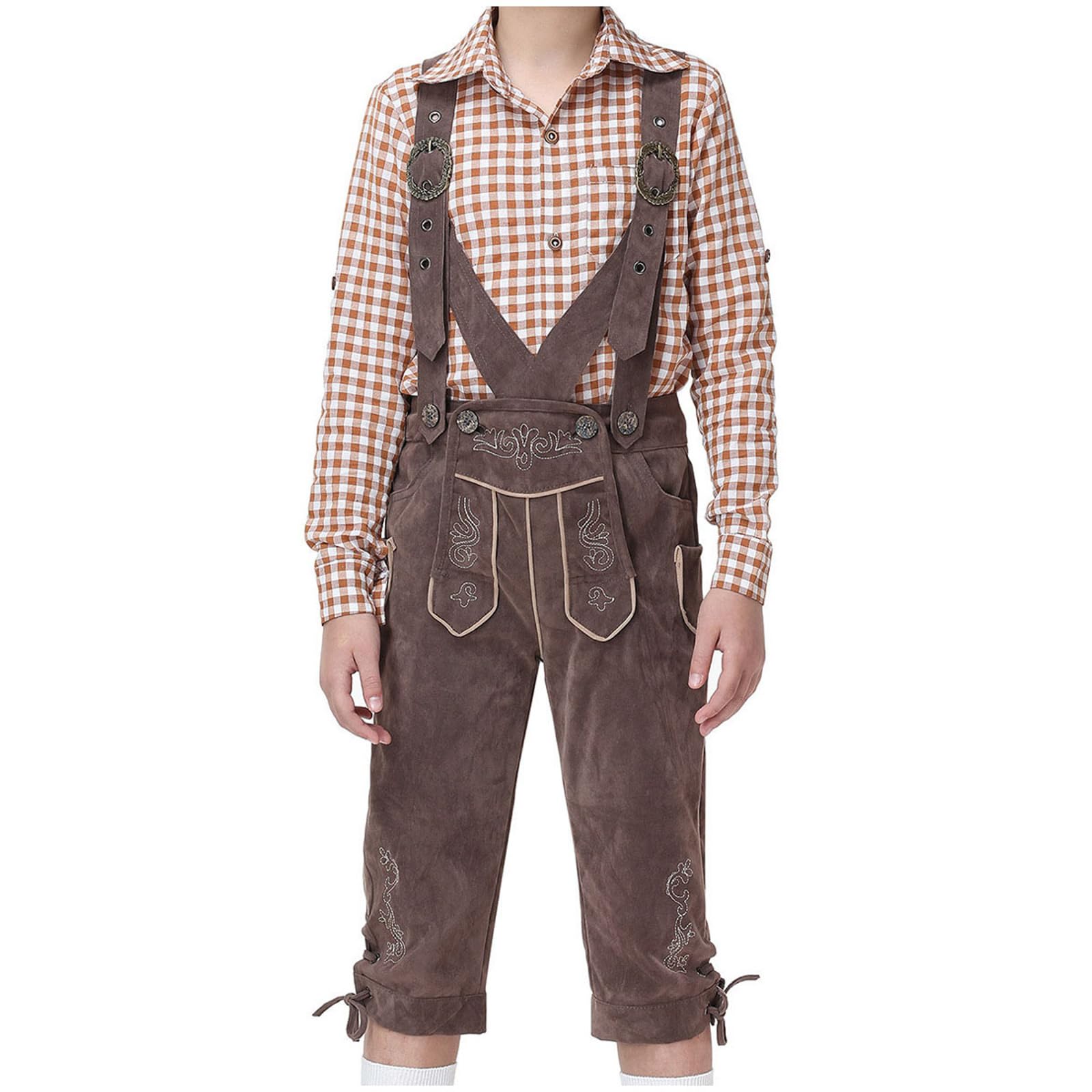 Trachten Lederhose Kinder Kniebund Trachtenhose mit Hosenträger Bestickt Kinderlederhose Lederhosen für Oktoberfest Wiesn und weitere Feierlichkeiten Bayrische Tracht Trachtenlederhosen