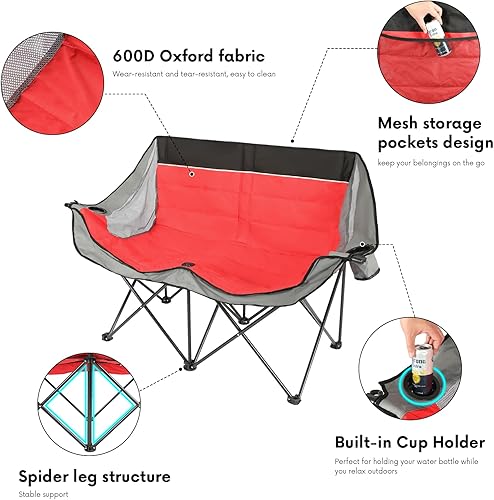 Miniatura 4 de Double Camping Chair Outdoor 2-Seater Oversized 2 Person Portable Folding Lawn Chair with Cup Holders & Mesh Storage Pocket for Picnic, Camping,