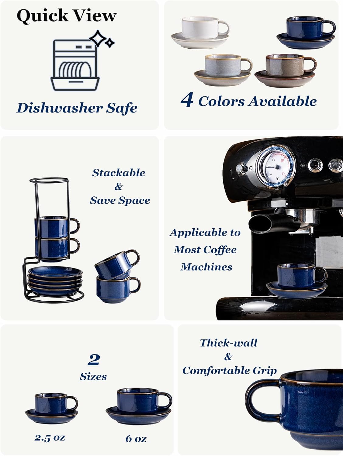 Gomakren 2.5 Ounce Espresso Cups Set of 4, Small Stackable Coffee Cups with Saucers and Metal Stand, Valentine Porcelain Demitasse Cups for Specialty Coffee Drinks, Espresso, Cappuccino, Cobalt Blue
