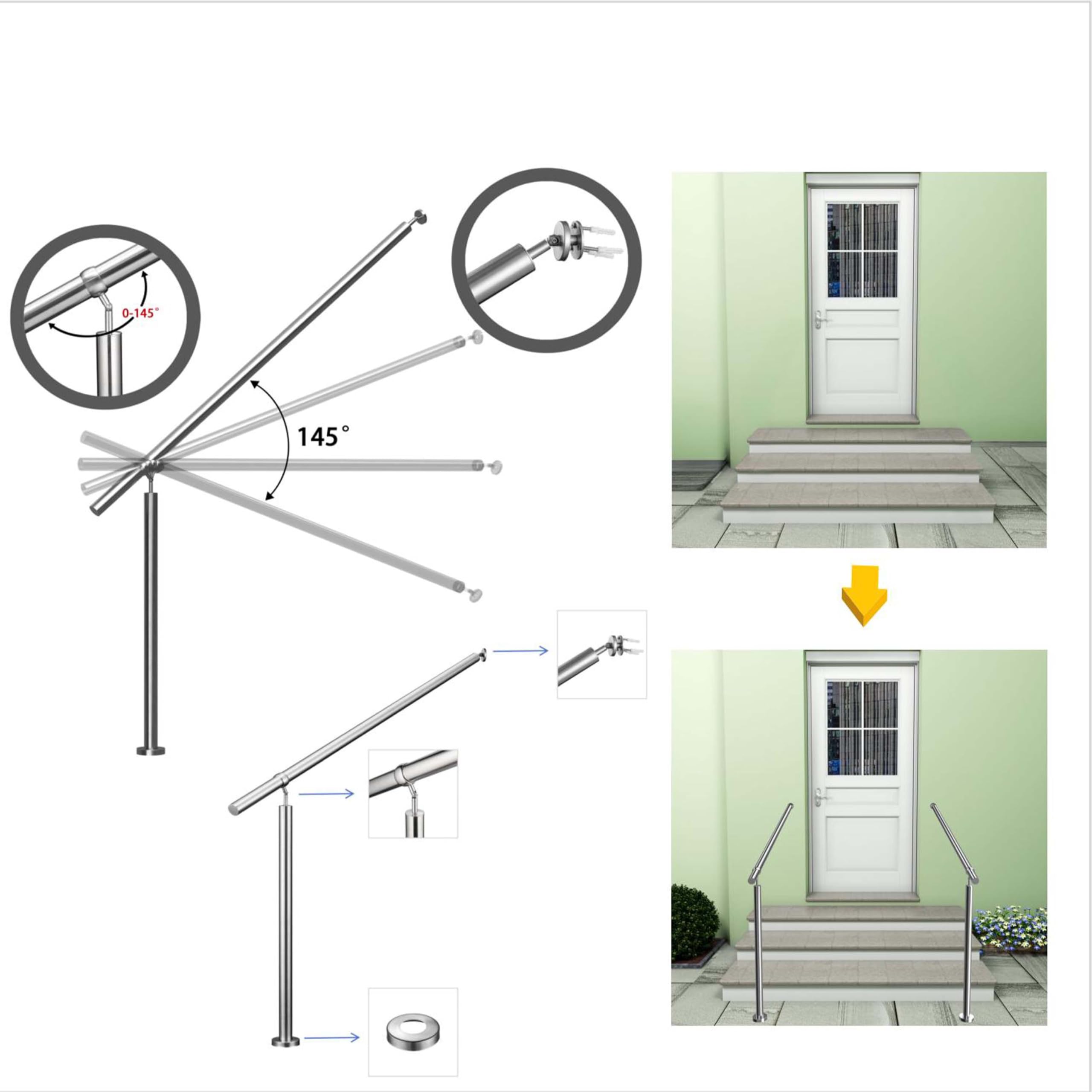 AICA Barandilla de escalera, Barandilla de entrada de acero inoxidable, ángulo de montaje ajustable, montaje en pared y suelo, para entradas, pasillos, interior y exterior, Plateado, 120x95 cm