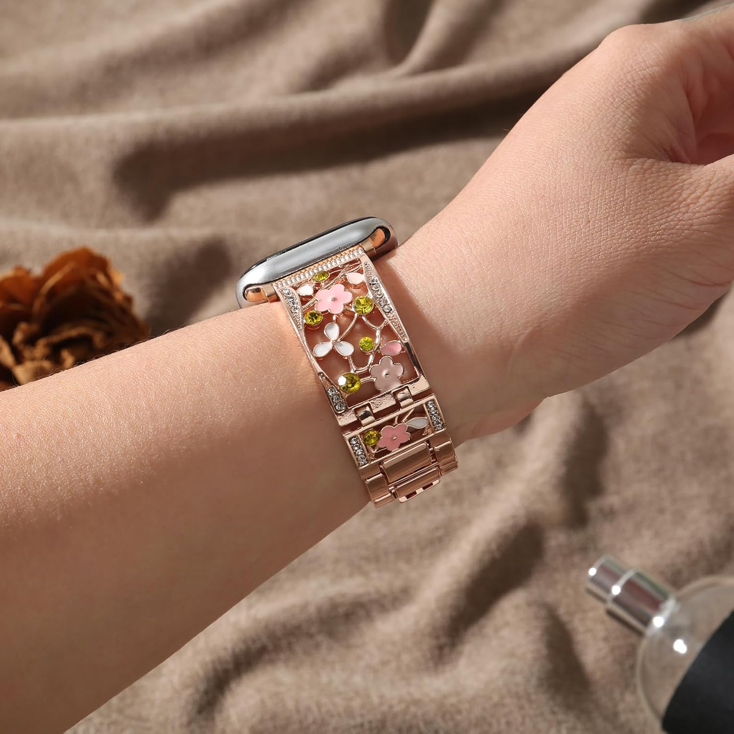 Floral Bling Crystal Hollow Metal Bracelet Band Compatible with Apple Watch 38mm 40mm 41mm 42mm 44mm 45mm 46mm 49mm, Women Dressy Jewelry Wristband for iWatch Series 11 10 9 SE 8 7 6 5 4 3 2 1 Ultra