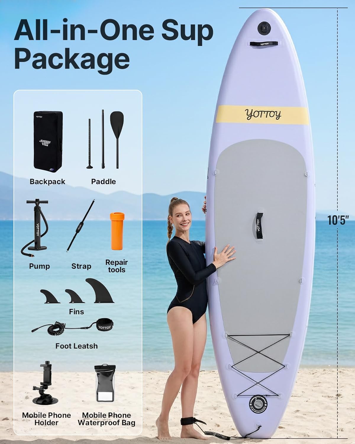 YOTTOY Inflatable Stand Up Paddle Board,Stable Lightweight 10'5" SUP with Non-Slip EVA Deck, Premium Paddleboard Accessories, Three-Fin System & Carry Bag,All-Around Inflatable SUP