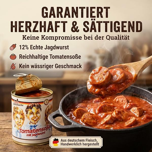 6x Original Schulküche Tomatensoße mit Jagdwurst in Dose – Herzhaft & servierbereit – Klassisches Fertiggericht für Alltag, Büro & schnelle Mahlzeiten - 5