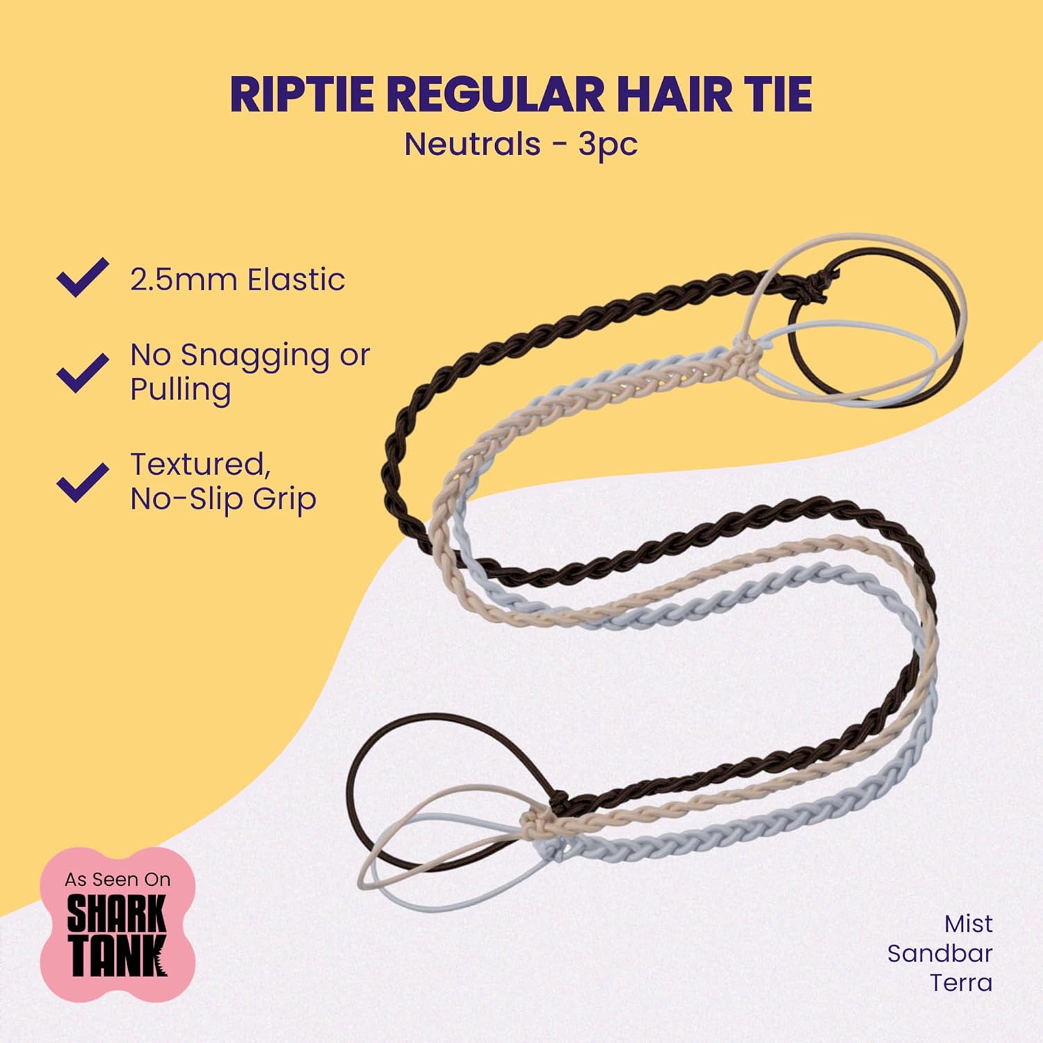 Rip Tie Regular Soft Tangle-Free Hair Tie for Women, Nylon Hair Elastic, Colorful Hair Accessory - As Seen on Shark Tank - 3 Pack Neutrals