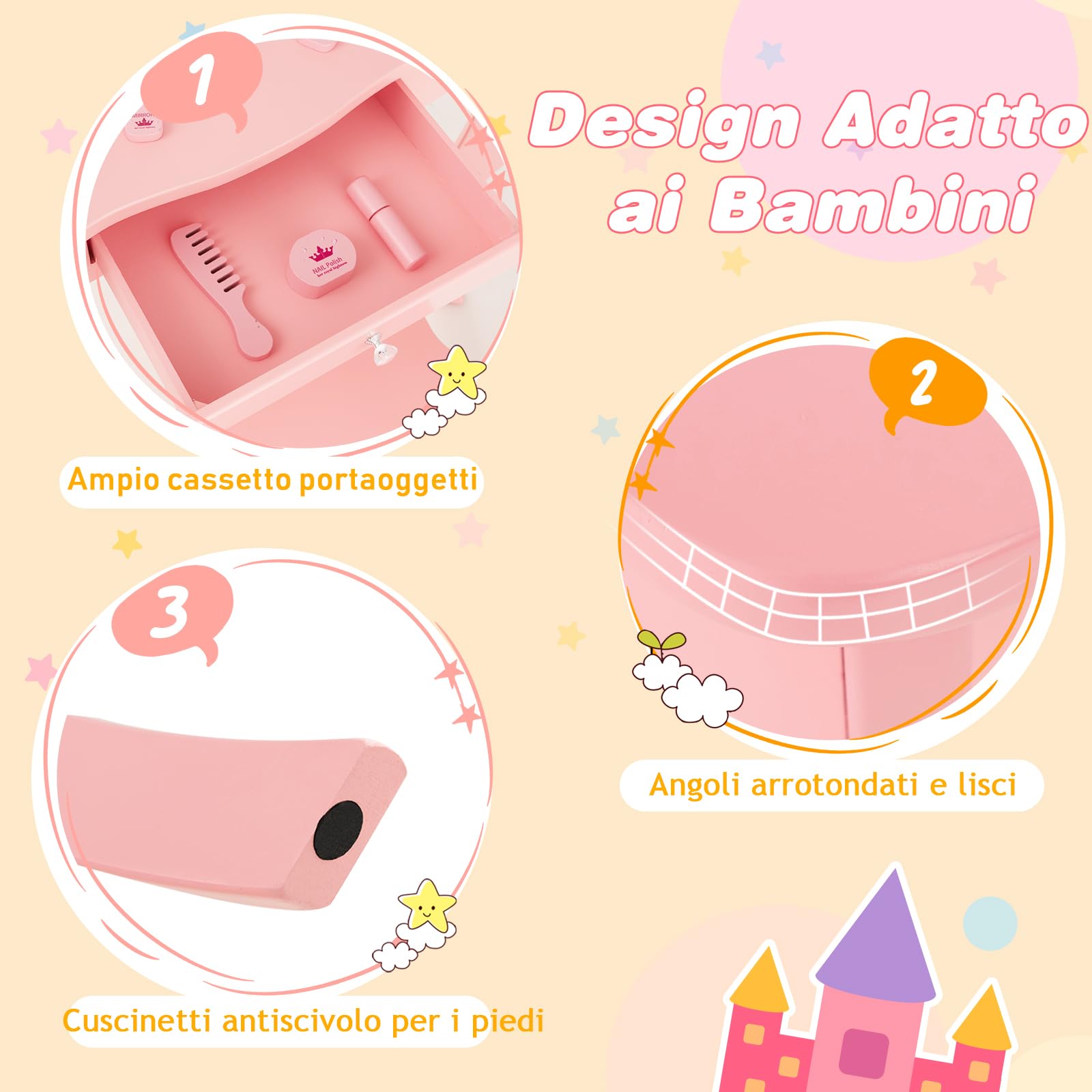 RELAX4LIFE Toeletta Trucco per Bambina con 9 Lampadine LED, 3 Colori di Luci, Specchiera Trucco con Sgabello, Toeletta in Legno, Specchio Rimovibile, per Bambini 3+ Anni (Rosa, L)