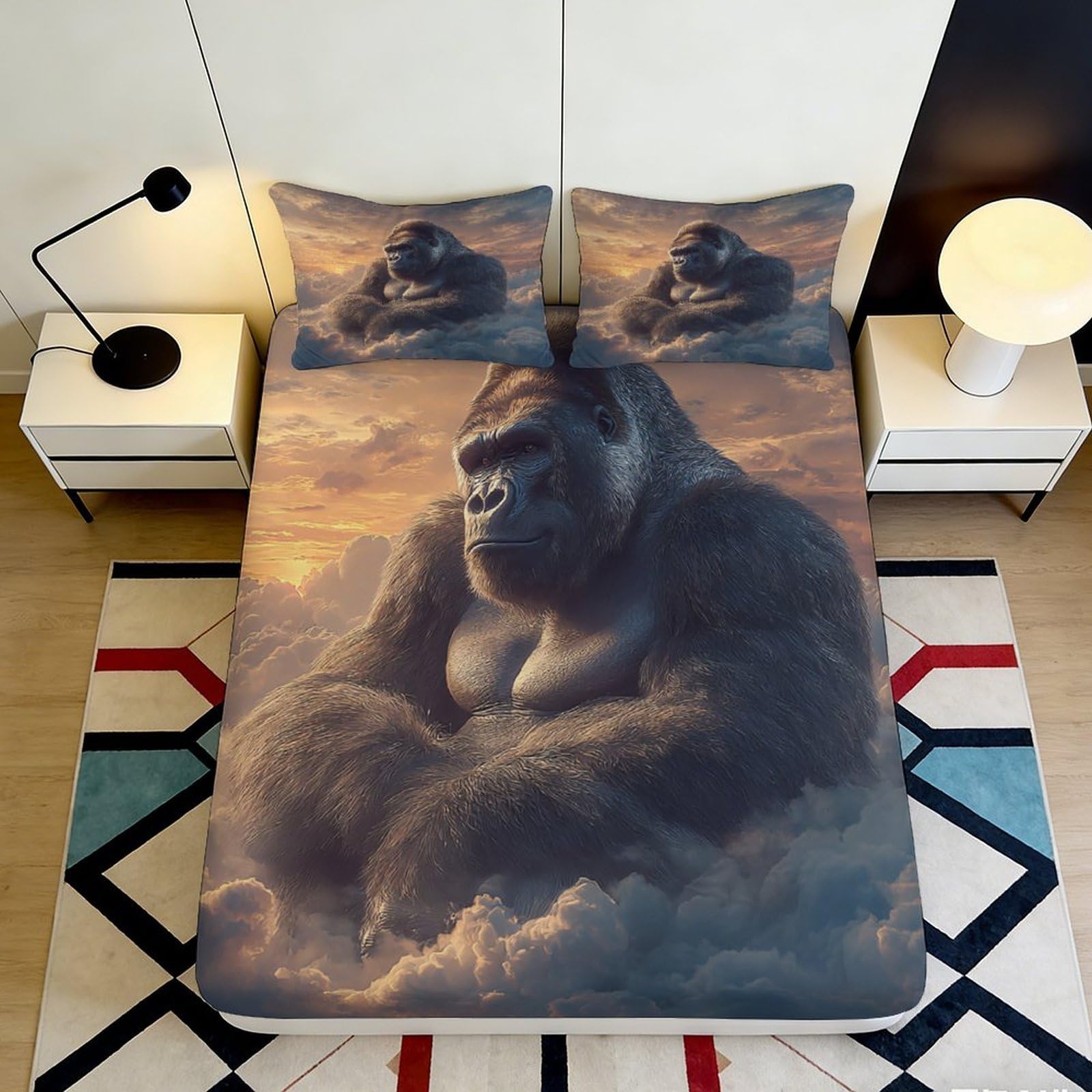 3D Printed Giant Gorilla Fitted Sheet Microfiber Soft Anti-Slip Mattress Cover for Bedroom Dorm Decorative Bed 90x200x25cm