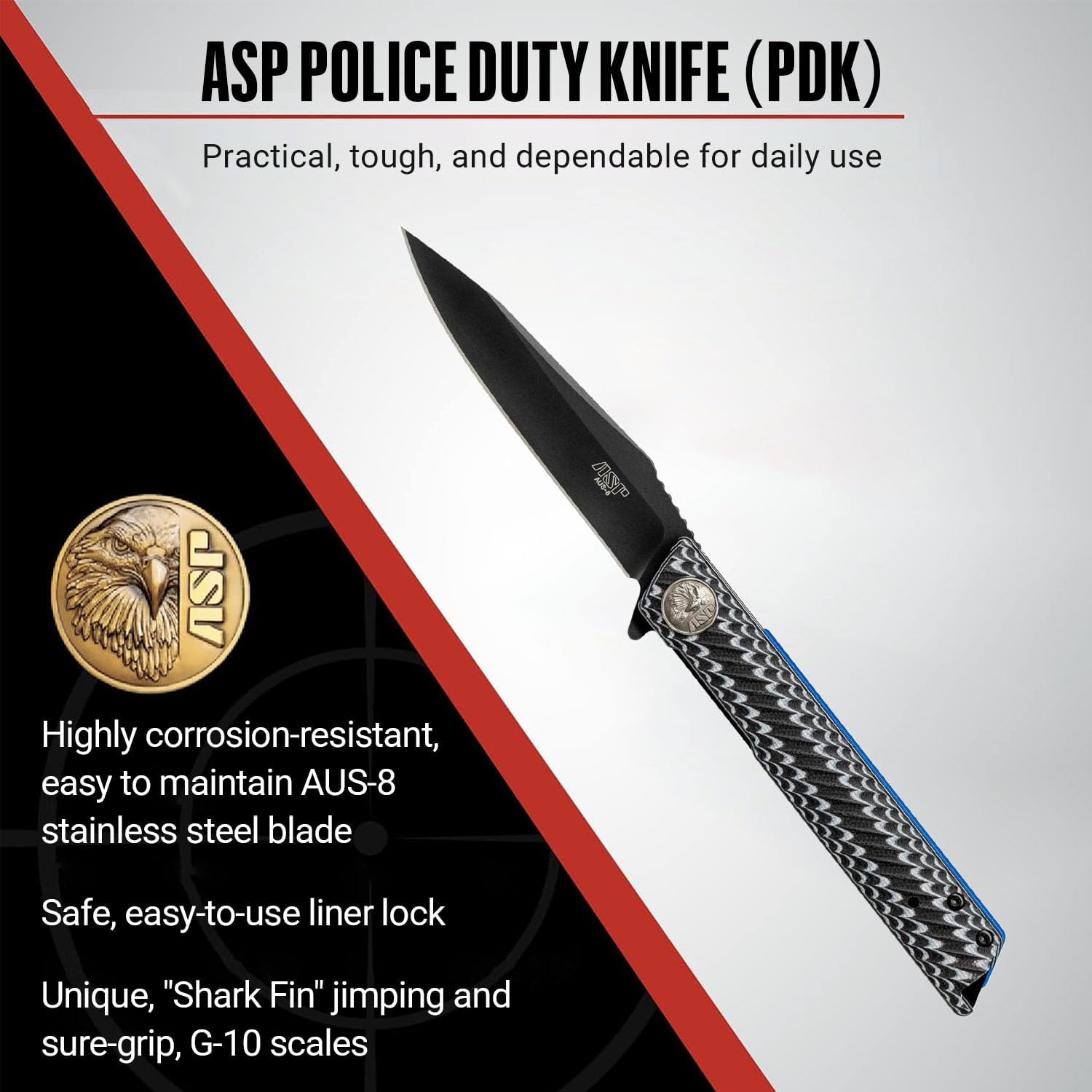 ASP Police Duty Knife (PDK) for Everyday Use, AUS-8 Blade, Reversible Pocket Clip, Ideal for Law Enforcement and Security Professionals, Slim Folder, Black/Gray Grip, Black Blade