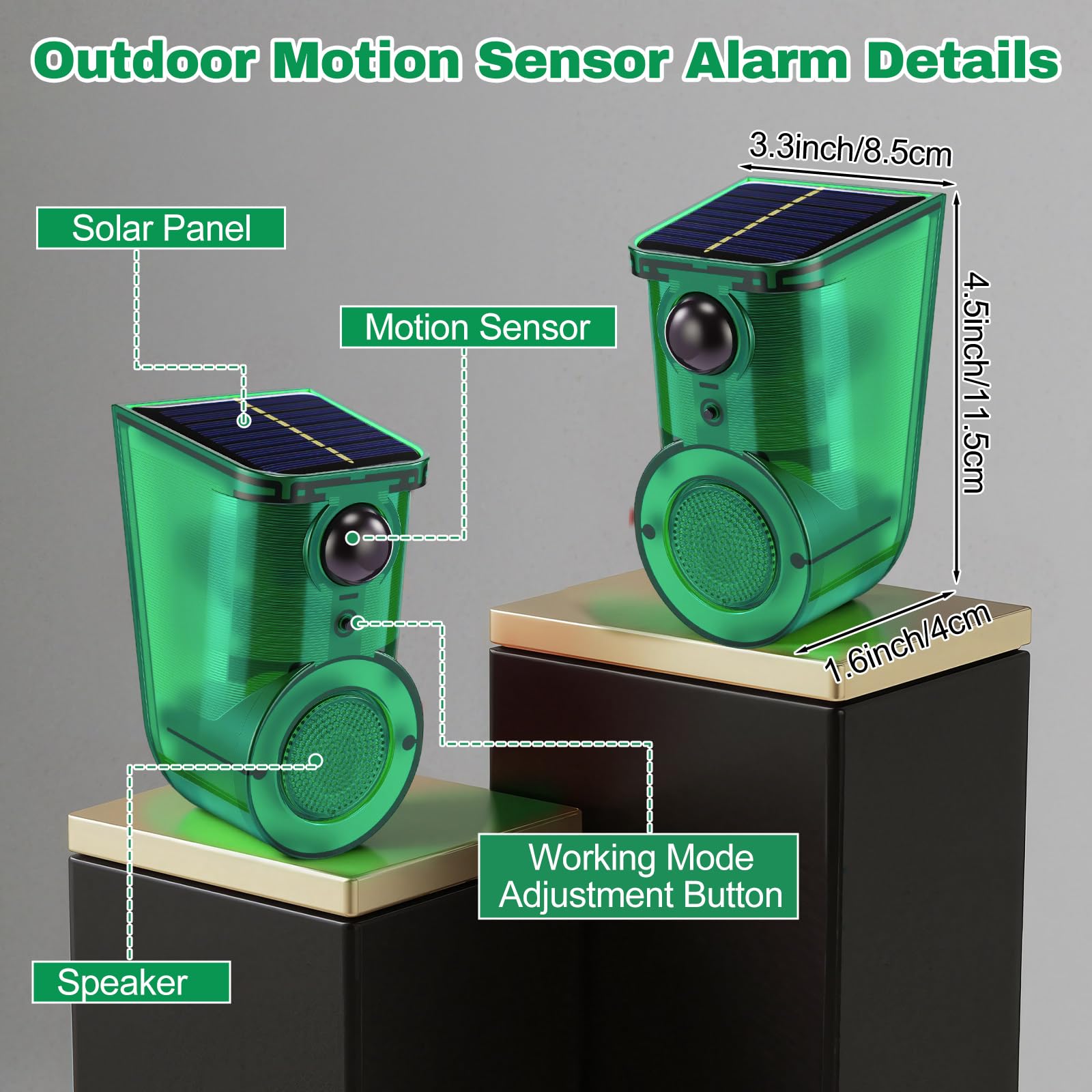 Paquete de 4 alarmas solares con sensor de movimiento ultrasónico para exteriores con estaca, ultrasonido Woking de 4 modos y alarmas de ruido fuerte de 129 db, detector de movimiento con