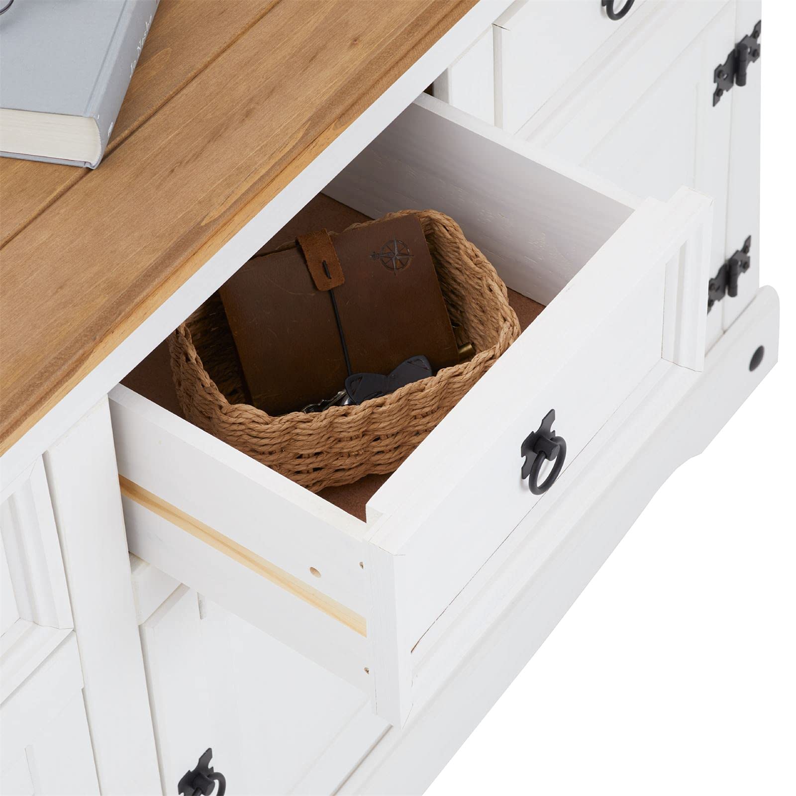 CARO-Möbel Sideboard Campo im Mexiko Stil Kommode Kiefer massiv weiß mit 3 Schubladen und 3 Türen Buffetschrank Geschirrschrank