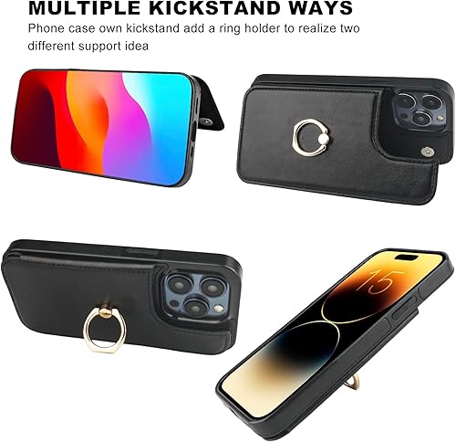 Miniatura 4 de Funda tipo cartera para iPhone 15 Pro con soporte para tarjetas, anillo de rotación de 360, función atril, bloqueo RFID, piel sintética, doble