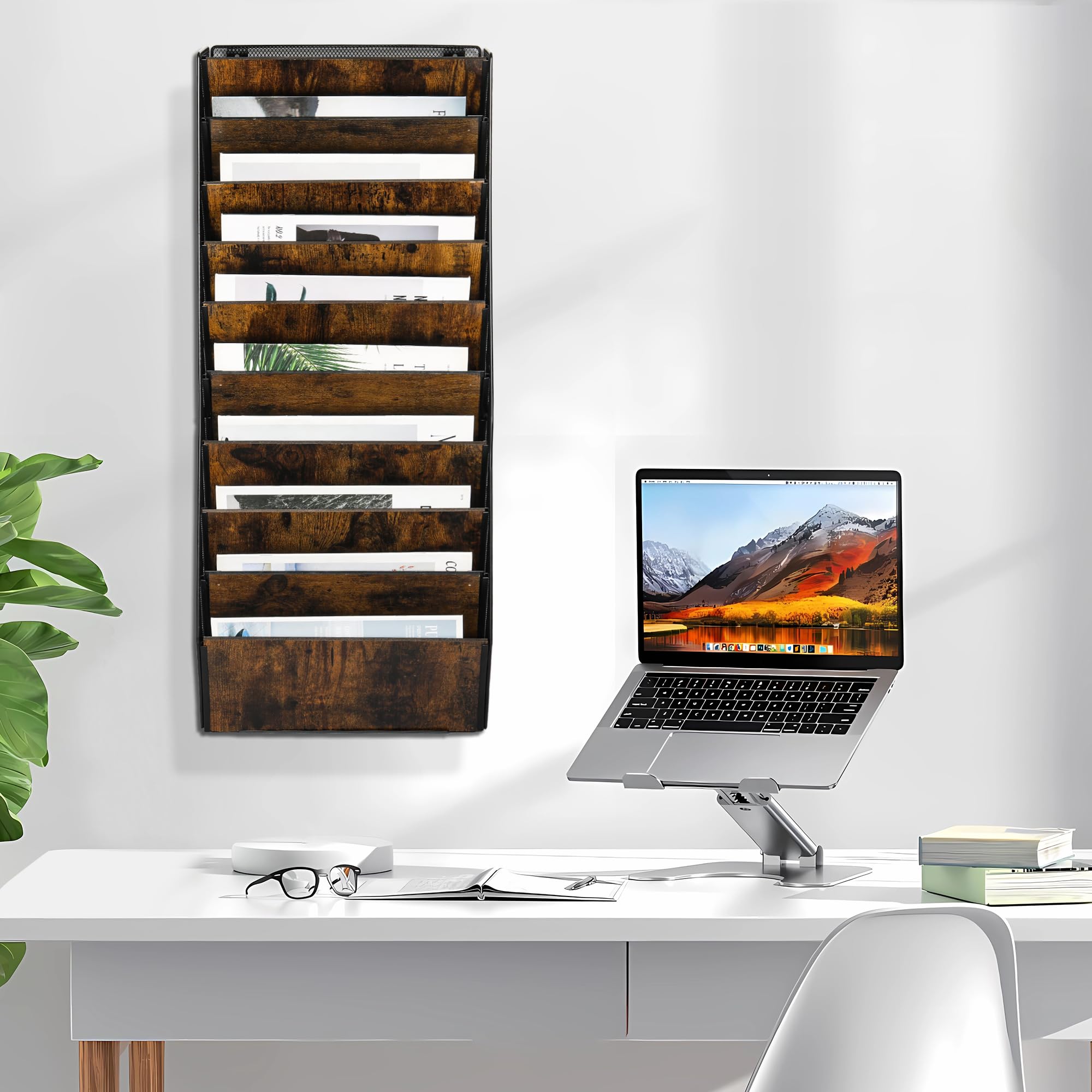 Zeitungshalter Wand aus Holz mit 10 Fächern Metall Zeitungsständer Hängeregister Wandablagefächer A4 Papier Dokumentenablage Büro Schule Ablage Organizer, Schwarz/Antik