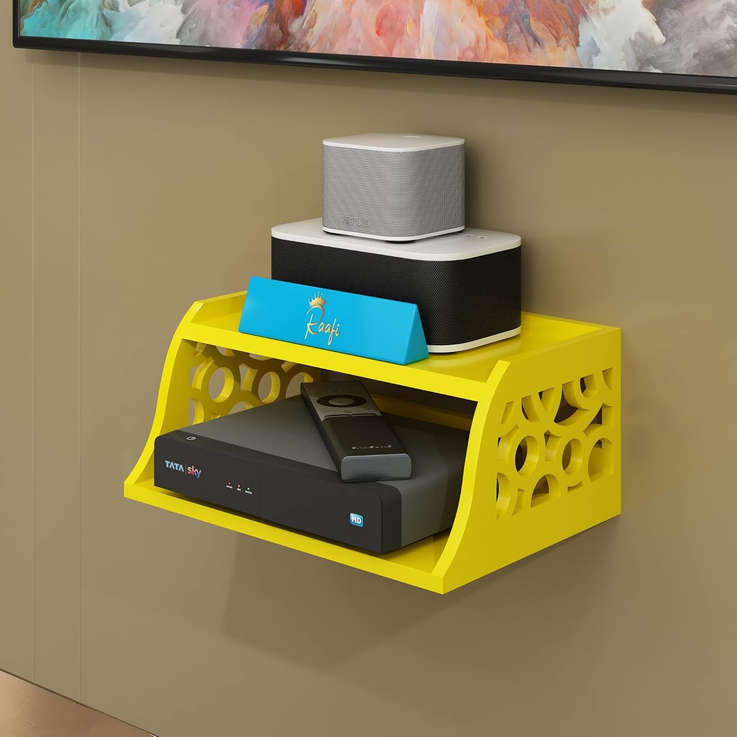 Raafi Wooden Set Top Box Wall Shelf for Setup Box WiFi Router AC Remote Stand Wall Mounted