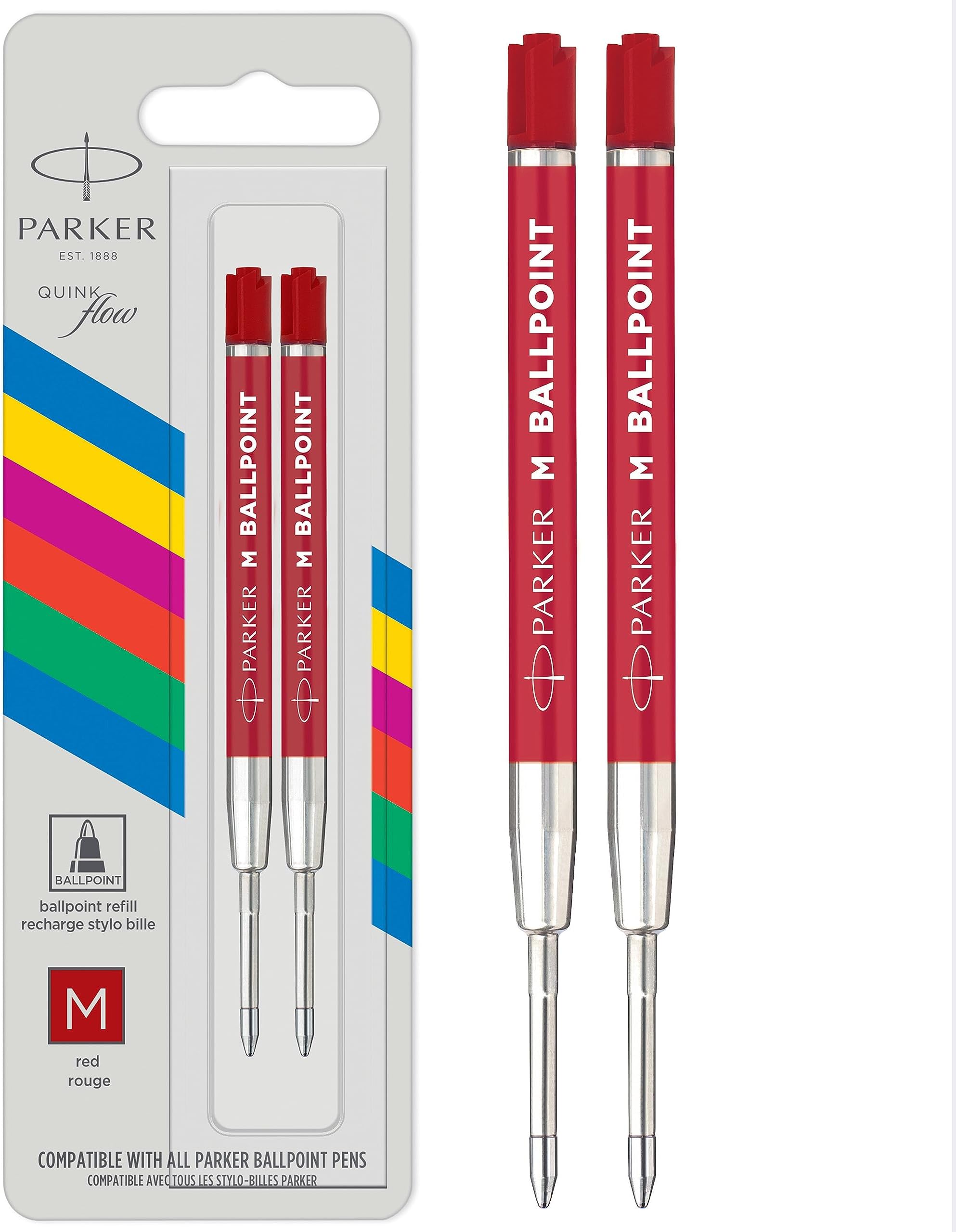 PARKER Ballpoint Pen Refill Medium Tip Red QUINKflow Ink 2 Count, 2166545