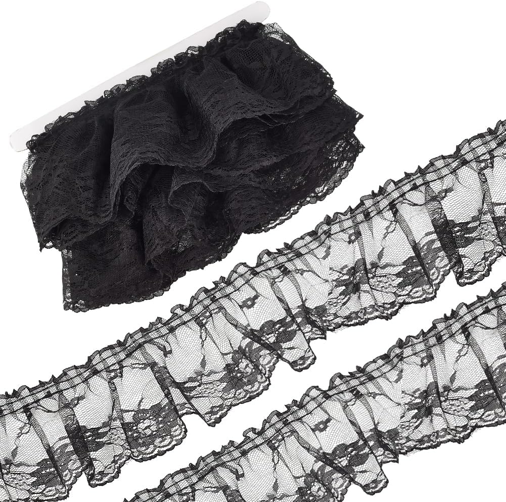 GORGECRAFT 4 Inch Wide 11 Yards Chiffon Lace Edge Ribbon Pleated Trim Black Gathered Voile Mesh Organza Tulle Fabric Ruffles Edging Trimmings for DIY Sewing Craft Wedding Dress Party Decor