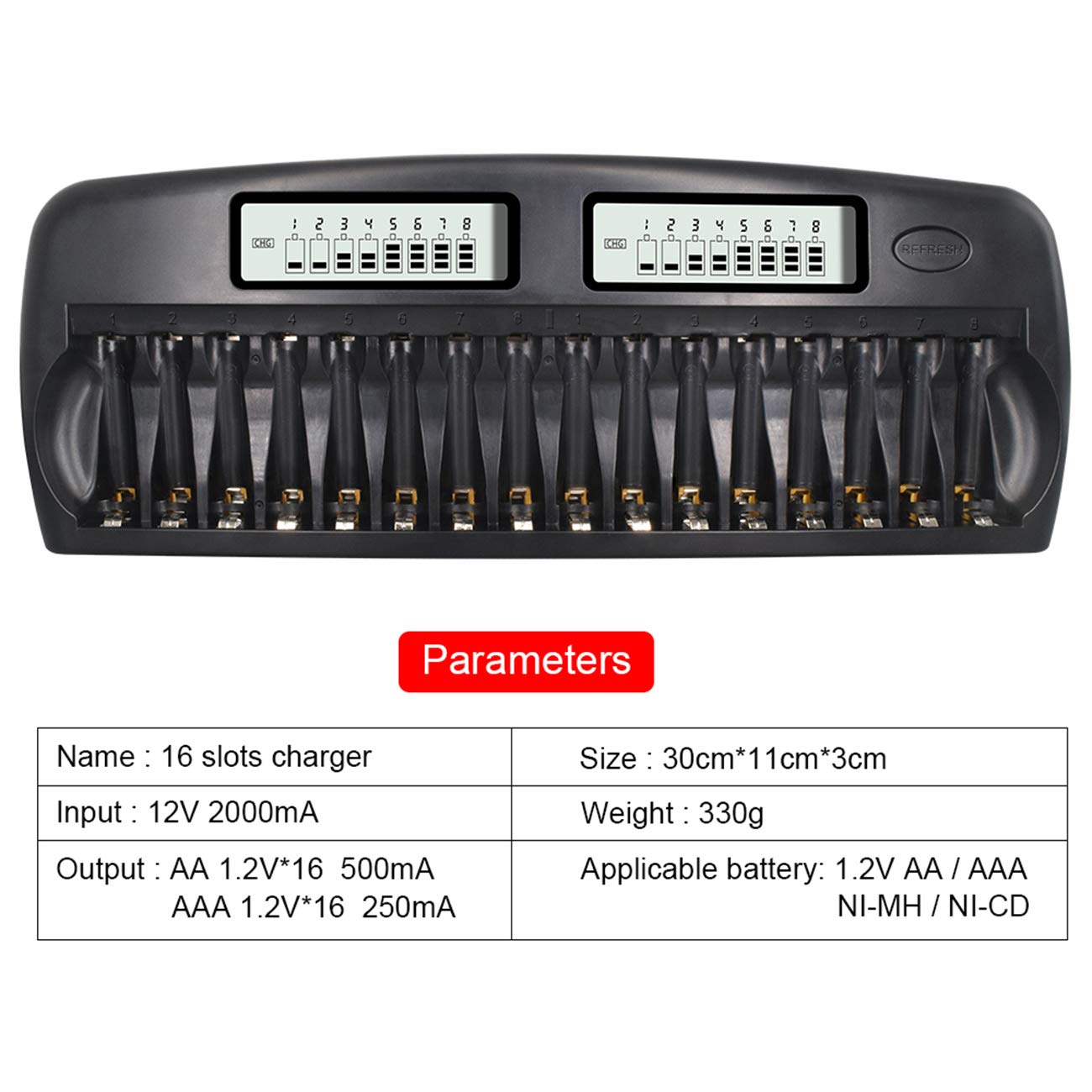 CITYORK Caricatore rapido a batteria – Protezione IC integrata con display LCD – per batterie AA AAA NI-MH, con 16 batterie AA 3000 mAh NiMH, valigetta batteria